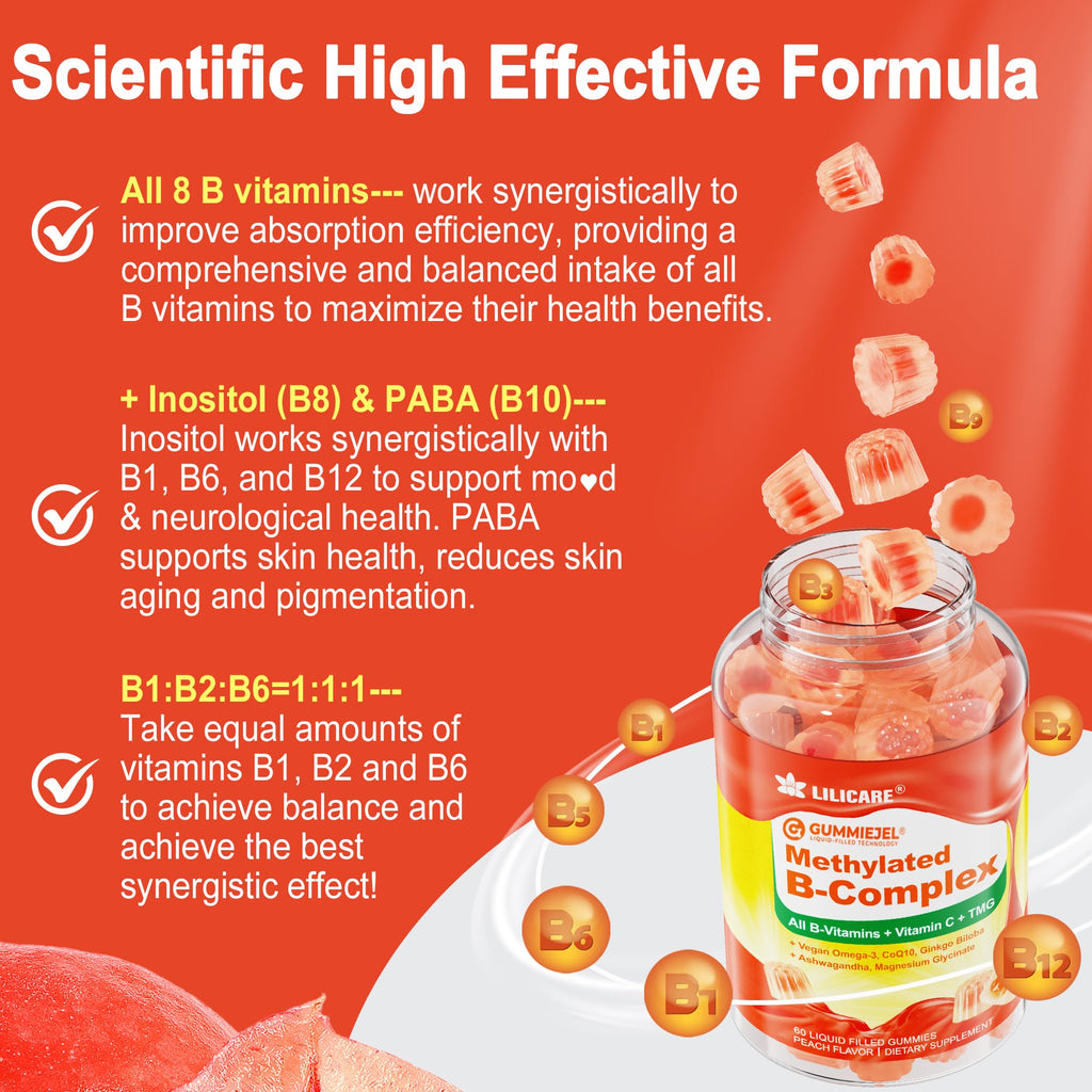 Super Methylated Vitamin B Complex Gummies - All B Vitamins + Omega-3, Magnesium, CoQ10, Ashwagandha,Vitamin C, TMG- For Women Men- Methyl B12 2000 mcg, Methylfolate