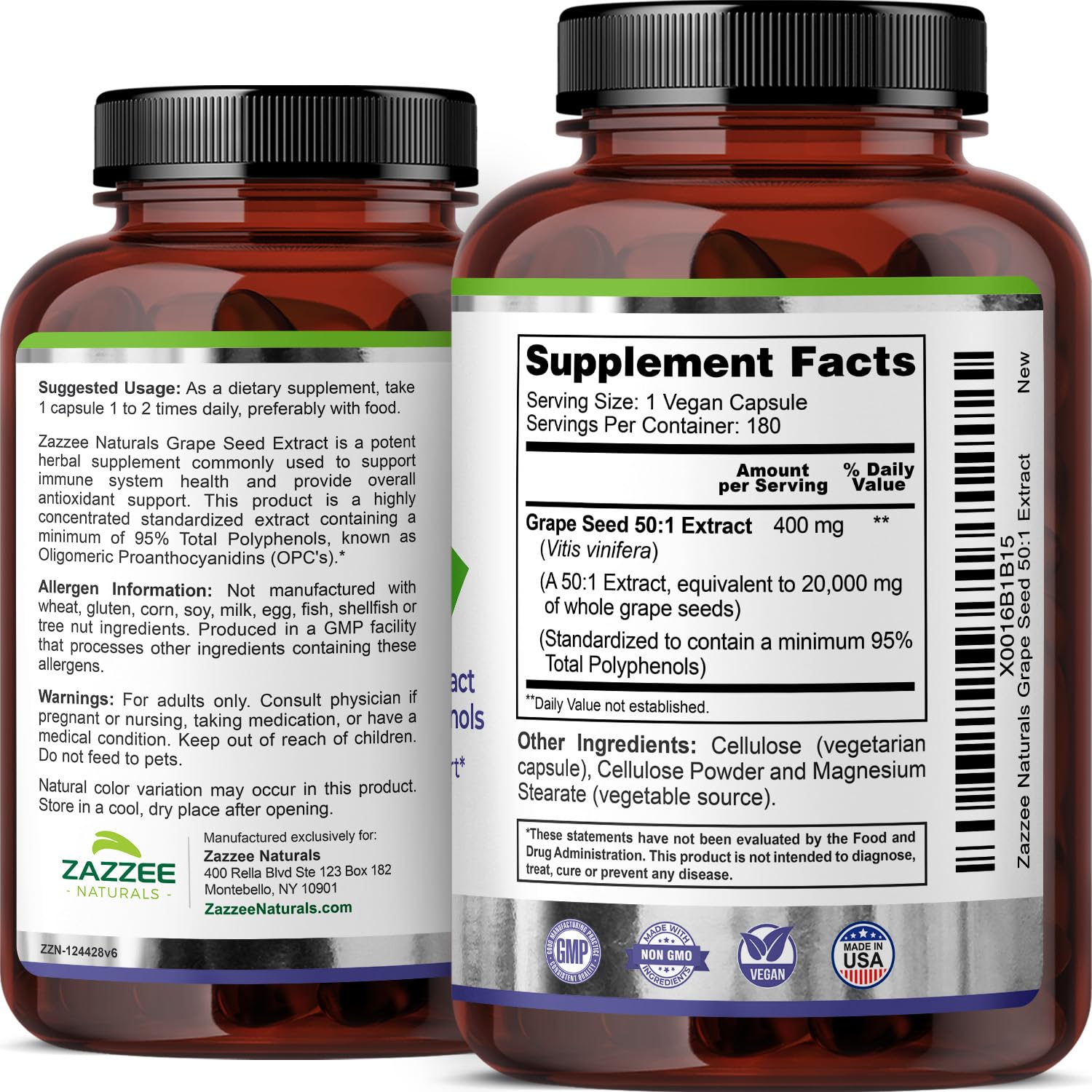 Zazzee High Strength Grape Seed 50:1 Extract, 180 Vegan Capsules, 95% Polyphenols, 400 mg per Capsule, 6 Month Supply, Antioxidant