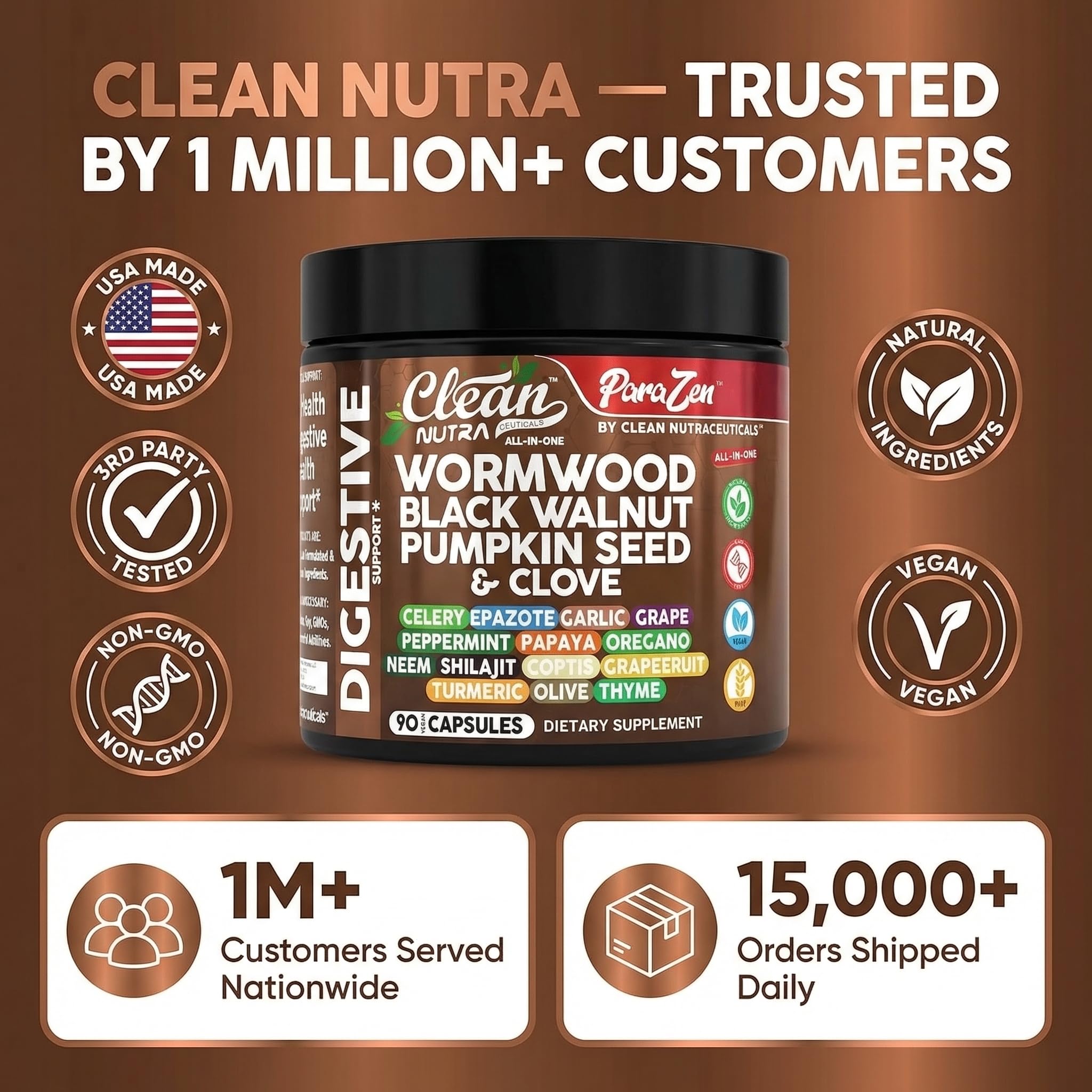 Clean Nutra Wormwood Black Walnut Pumpkin Seed Clove Oil Celery Garlic Grape Papaya Neem Diatomaceous Earth Womens Probiotic Gut Health Cleanse Detox Oregano