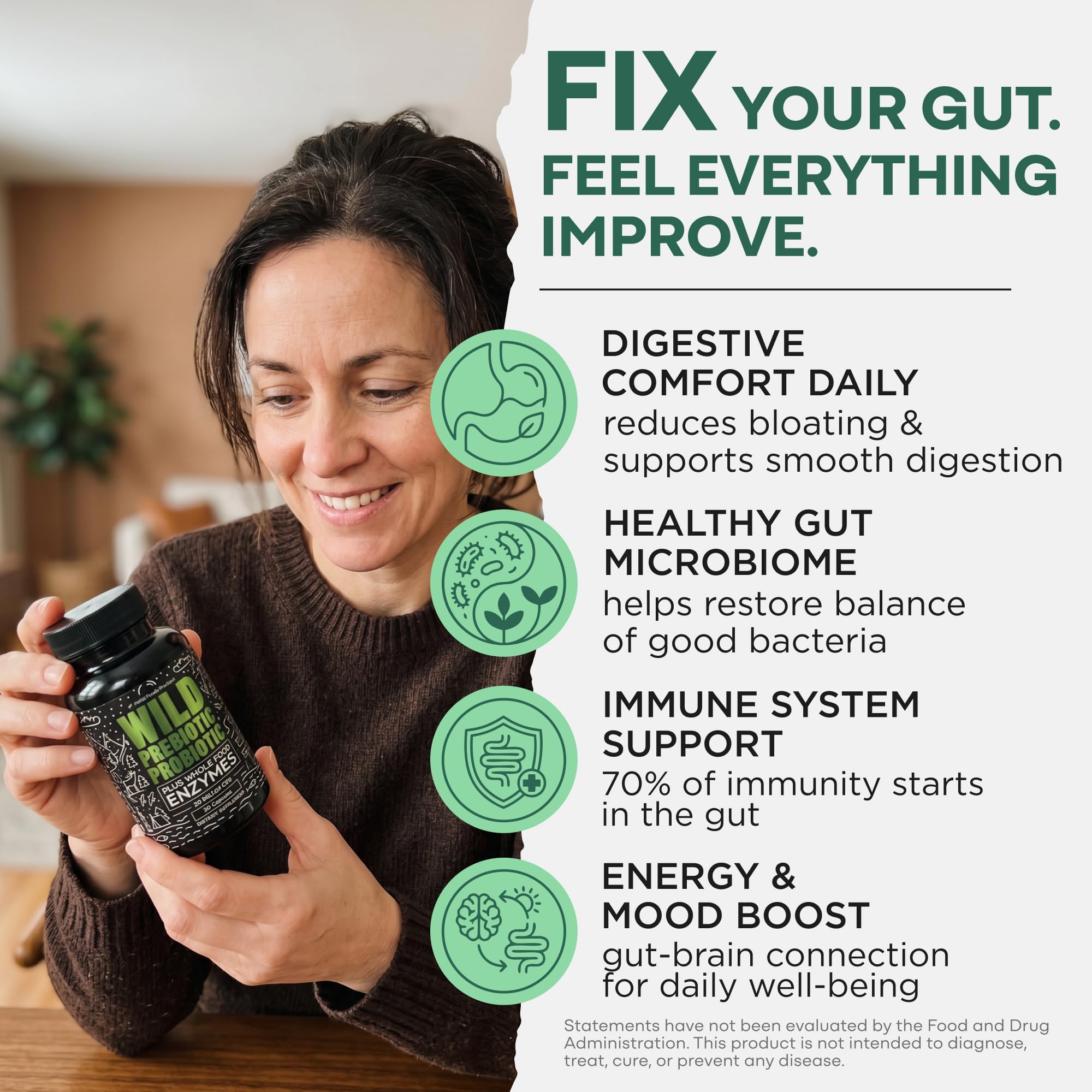 Wild Prebiotics and Probiotics with Digestive Enzymes | 20 Billion CFU - 10 Strains for Women & Men | Support Gut Health & Digestion Supplements | Non-GMO Prebiotic Fiber | 30 Capsules