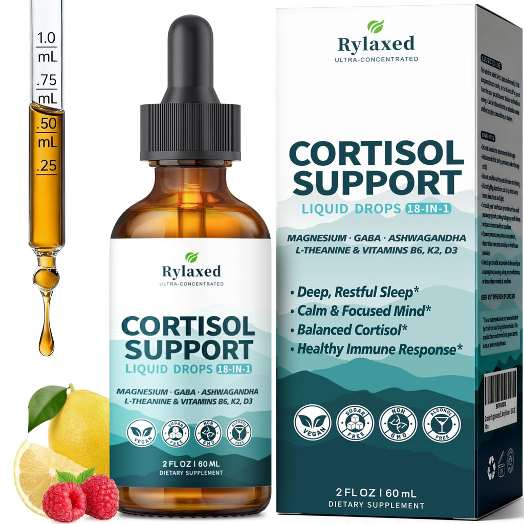 Cortisol Supplements for Women & Men, 18 in 1 Stress & Mood Support Drops with Magnesium 480mg, GABA, Ashwagandha, L-Theanine & Phosphatidylserine, for Relaxation & Sleep, Lemon Raspberry Flavor 60mL Rylaxed Au supplements