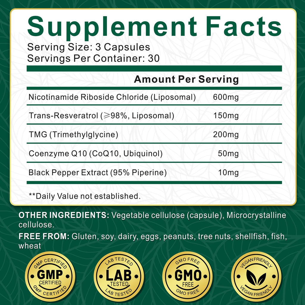 NBOOCUP NAD Supplement - 1010mg Nicotinamide Riboside Chloride Complex, Liposomal NR Supplements, Resveratrol NAD+ for Anti Aging, Cellular Energy, Skin, Focus - 90 Capsules NBOOCUP Au supplements