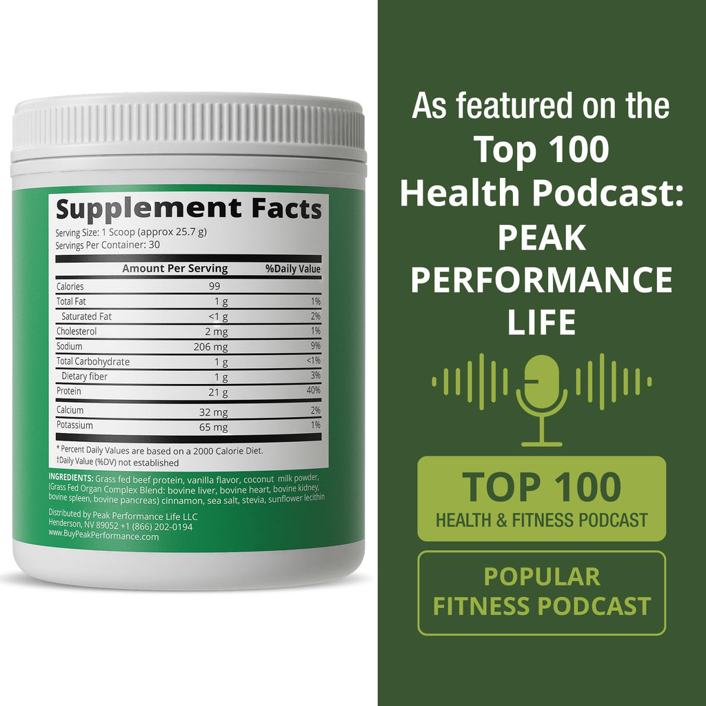 Grass Fed Beef Protein Powder + Organ Complex. Lactose Free Great Tasting Beef Protein Isolate. Animal Based Non Dairy No Whey Paleo Carnivore Supplement for Muscle Building. Vanilla Flavor Peak Performance Au supplements