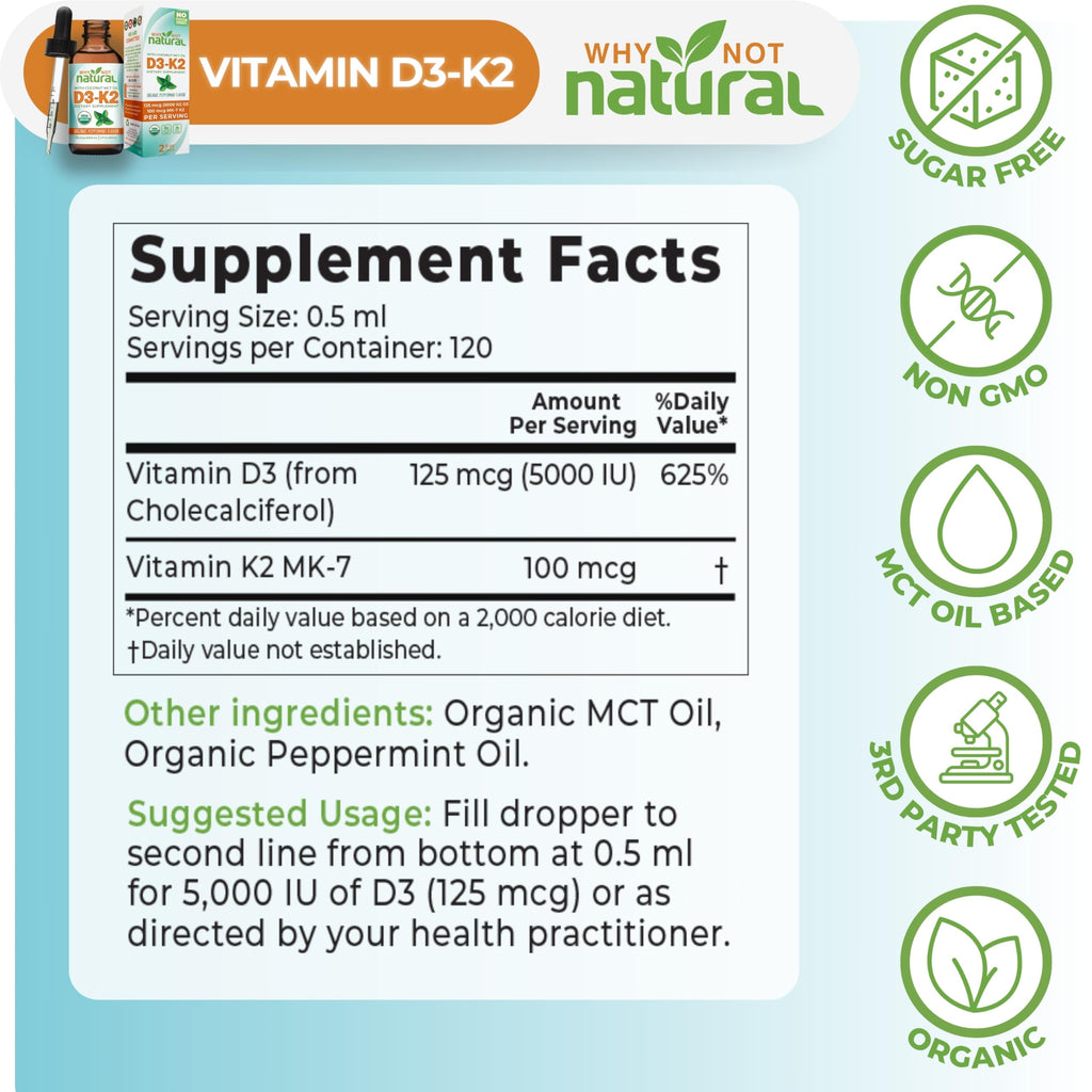 Why Not Natural Organic Vitamin D3 K2 (MK-7) Liquid Drops, 5000 IU of sublingual D3 with Coconut MCT Oil