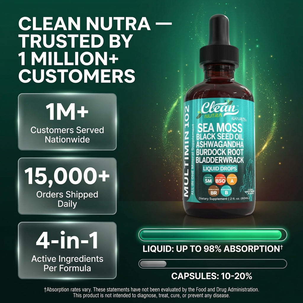 Clean Nutra Organic Sea Moss Drops Supplement | Black Seed Oil Irish Seamoss Ashwagandha Burdock Root & Bladderwrack - Multimineral Liquid Vegan