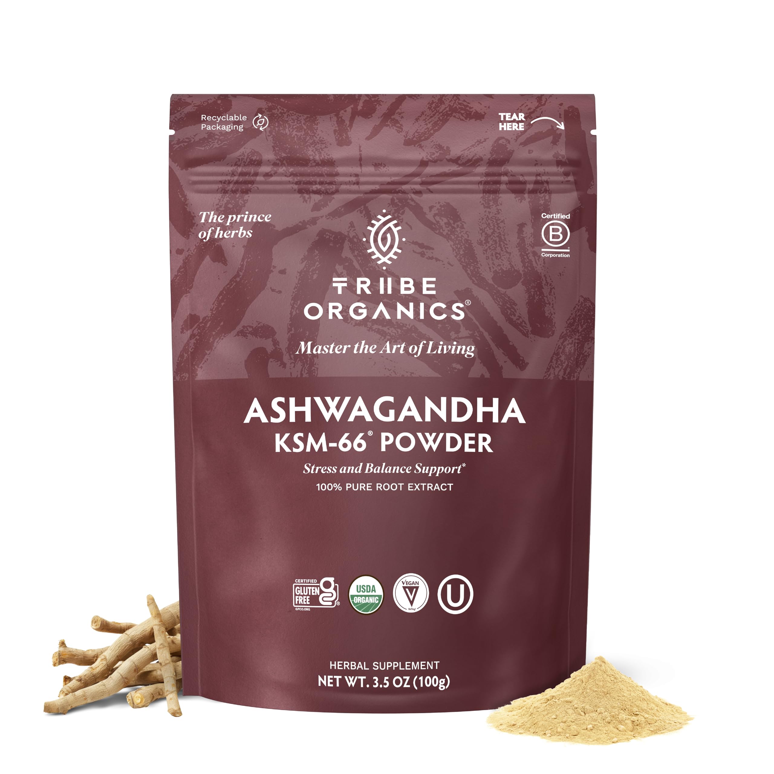 TRIBE ORGANICS KSM-66 Ashwagandha Root Extract Powder Ayurvedic Herb for Mood Support | Increase Energy | Strength - Organic | Natural | Gluten Free | Non GMO | Full-Spectrum - 100g Pouch TRIBE ORGANICS Au supplements