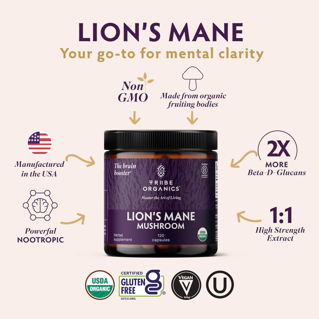 TRIBE ORGANICS Lion’s Mane Supplement 1000mg Mushroom Extract Powder - Immune System Booster & Brain Nootropic for Focus and Memory | Mental Clarity | Natural Energy and Immunity - 120 Vegan Capsules TRIBE ORGANICS Au supplements