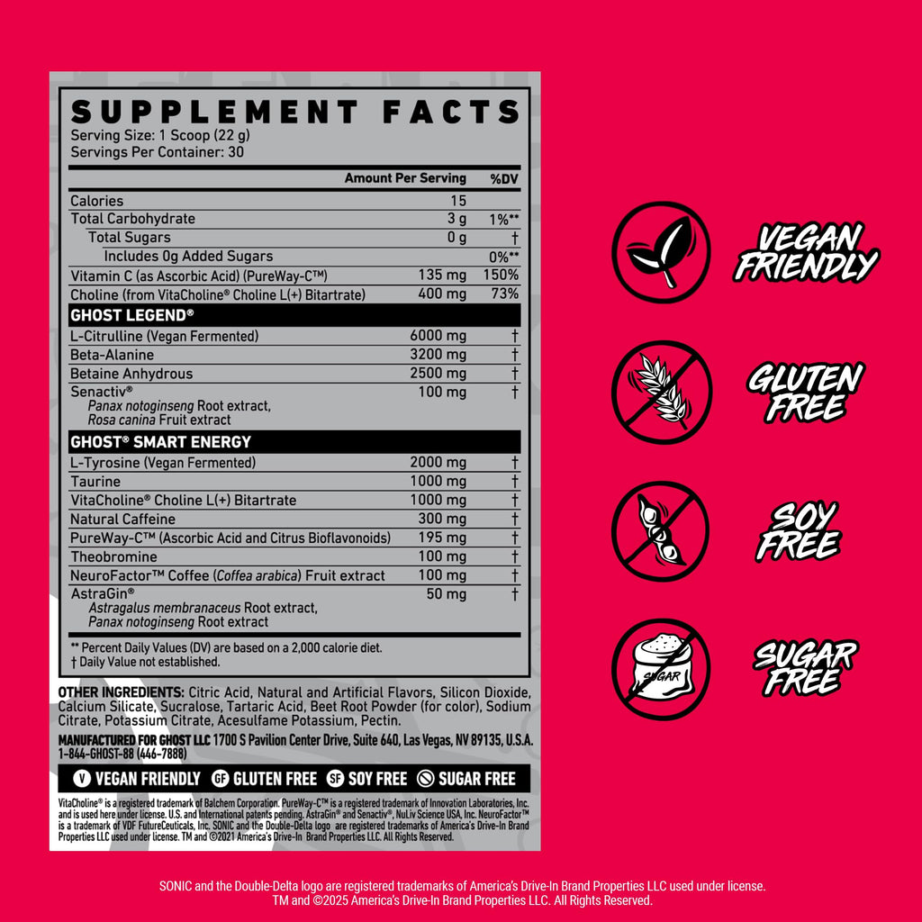 GHOST Legend Pre Workout Powder, Sonic Cherry Limeade - 30 Servings – Pre-Workout for Men & Women with Choline, L-Citrulline,