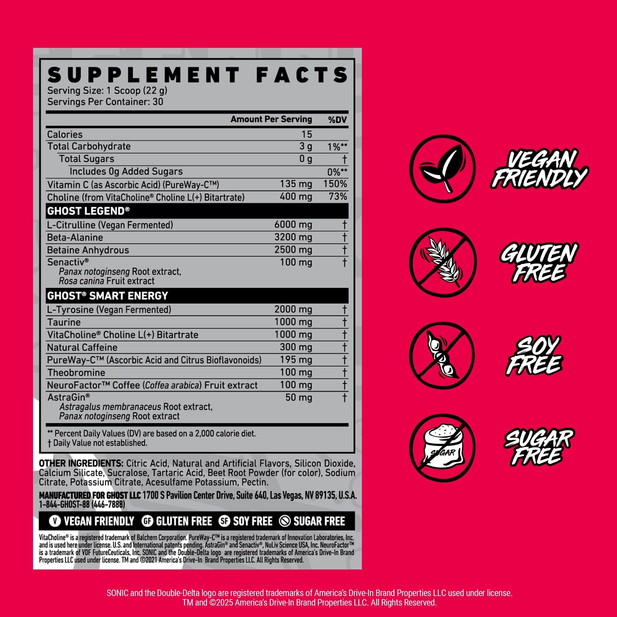 GHOST Legend Pre Workout Powder, Sonic Cherry Limeade - 30 Servings – Pre-Workout for Men & Women with Choline, L-Citrulline,