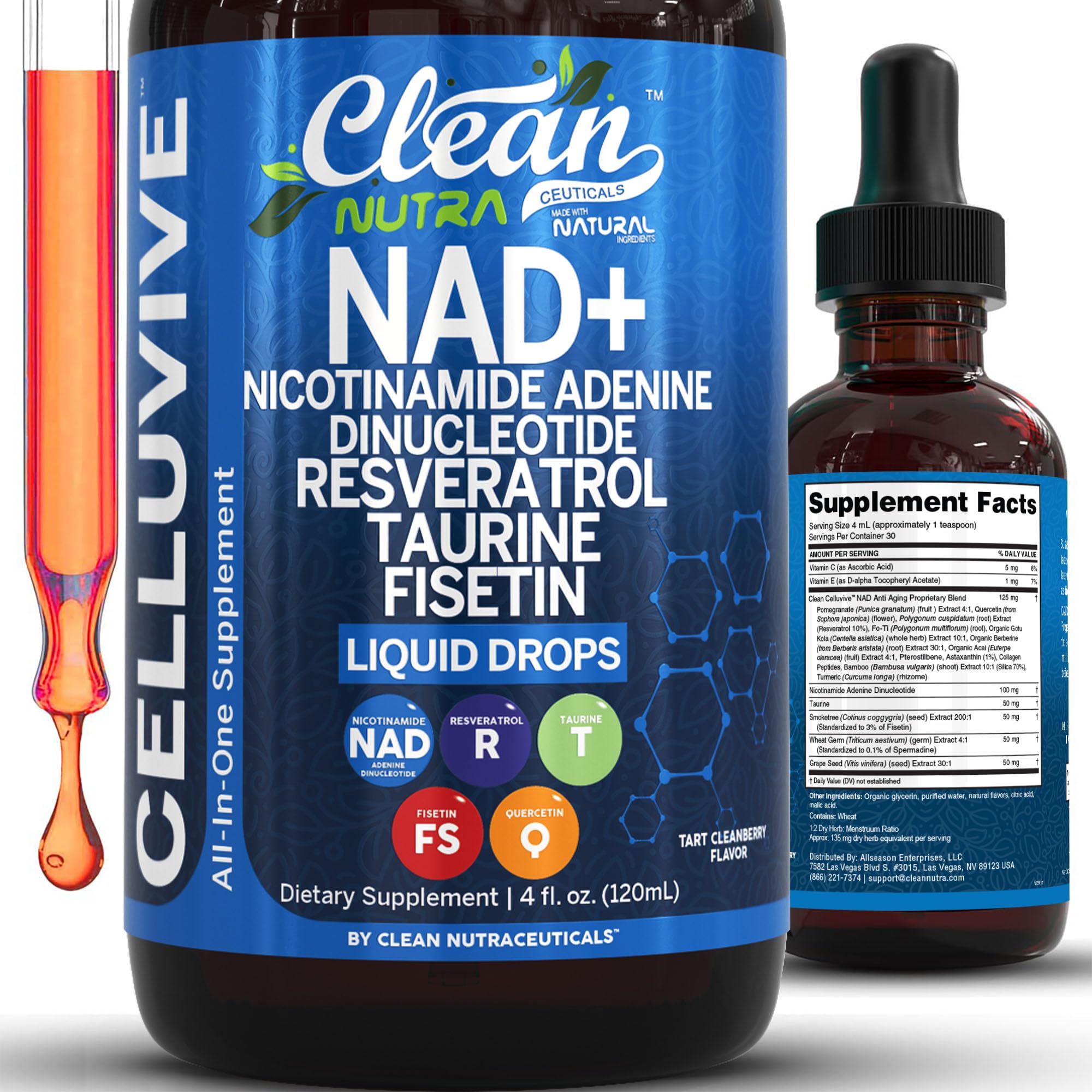 Clean Nutra NAD Liquid Supplement Drops Resveratrol Polyphenols Liposomal Taurine Fisetin Grape Seed Extract Japanese Knotweed Fo Ti Anti Aging NAD+ Nicotinamide Adenine Dinucleotide for Women & Men Clean Nutraceuticals Au supplements