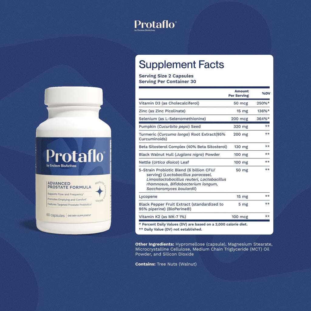 Protaflo Prostate Supplements for Men - Supports Urinary Flow & Bladder Control | Probiotics + Black Walnut, Nettle, Turmeric, Lycopene, Pumpkin Seed