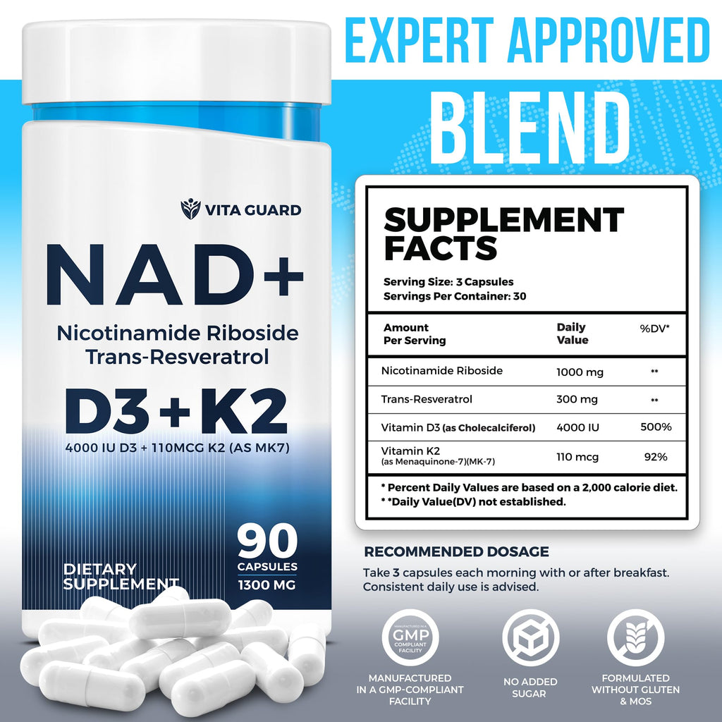 Anti-Aging Energy NAD Supplement – NMN Alternative with Nicotinamide Riboside 1000mg, Trans-Resveratrol 300mg, Vitamin D3 4000 IU and K2 110 mcg MK7 – Vegetarian 60 Capsules, 1300mg Vita Guard Au supplements
