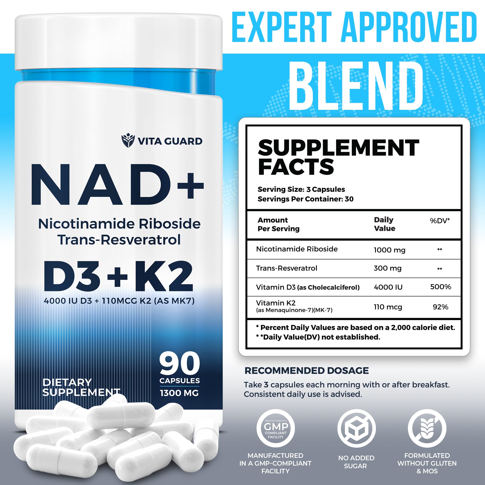Anti-Aging Energy NAD Supplement – NMN Alternative with Nicotinamide Riboside 1000mg, Trans-Resveratrol 300mg, Vitamin D3 4000 IU and K2 110 mcg MK7 – Vegetarian 60 Capsules, 1300mg Vita Guard Au supplements