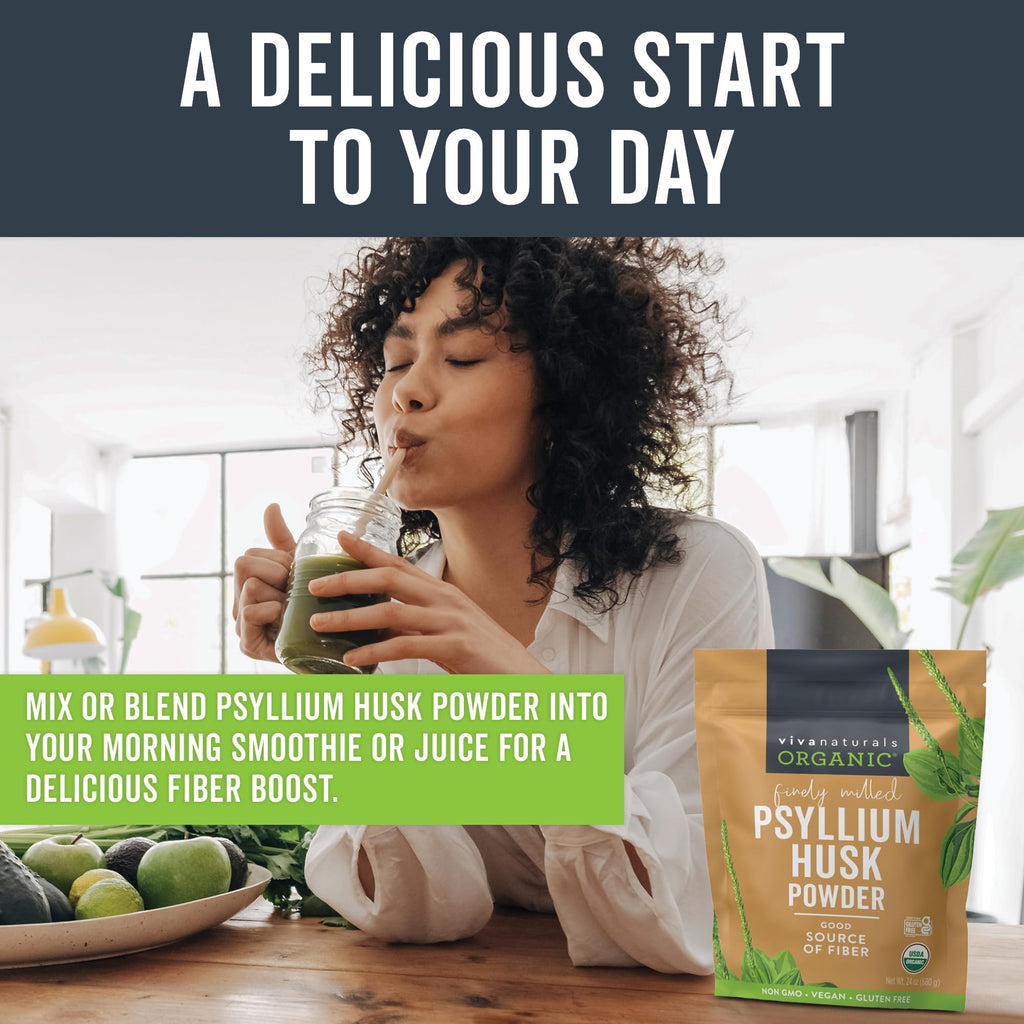 Viva Naturals Organic Psyllium Husk Powder, 24 oz – Finely Ground, Unflavored, Vegan, Keto, Paleo, Non-GMO Plant-Based Superfood, Good Source of Fiber for Gluten-Free Baking, Juices & Smoothies