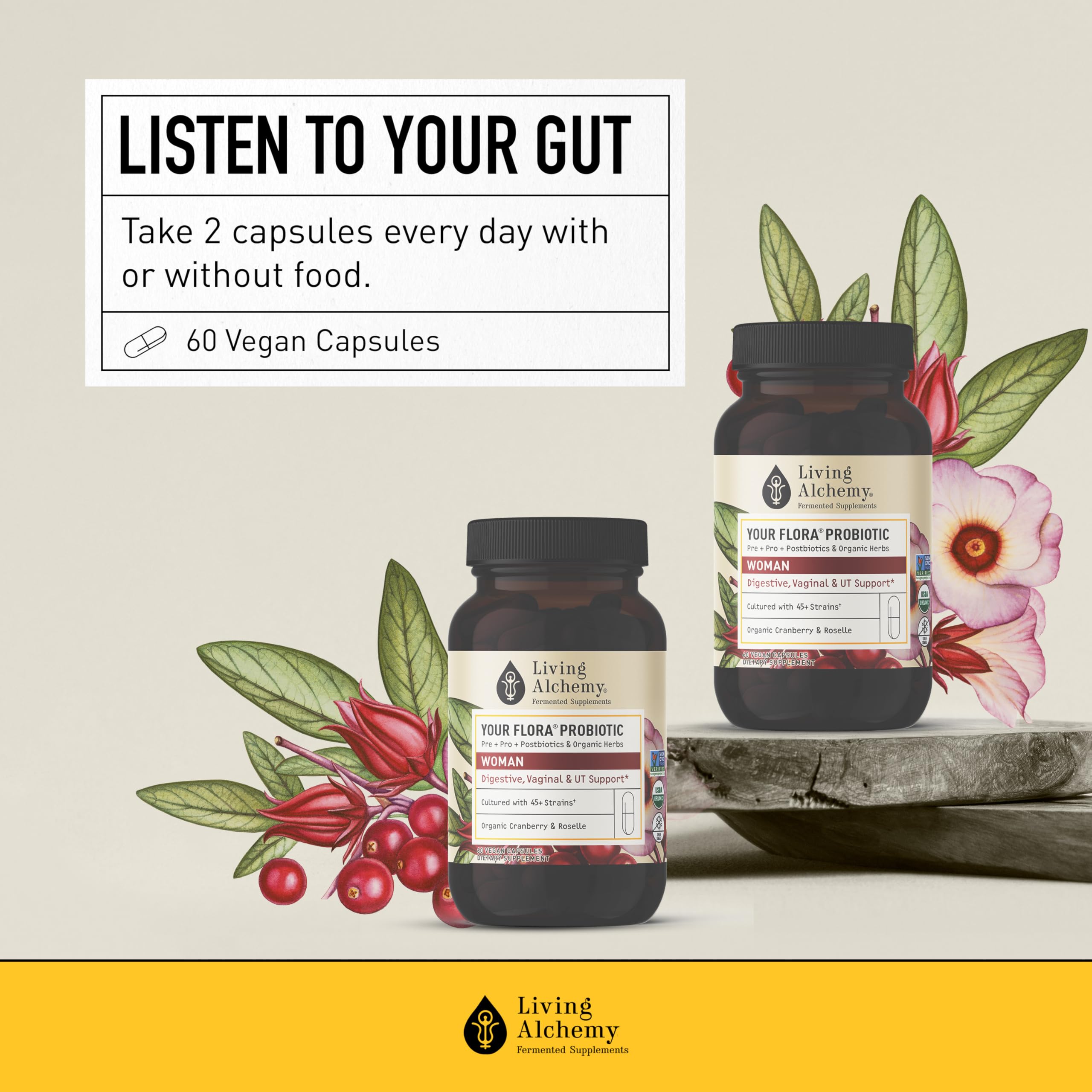 Living Alchemy Gut Health Supplements for Women - Your Flora Probiotics Women with Fermented Soybean, Cranberry Juice, Roselle, Prebiotics, Digestive Enzyme, & Probiotics - Vegan, Non-GMO, 60 Pcs