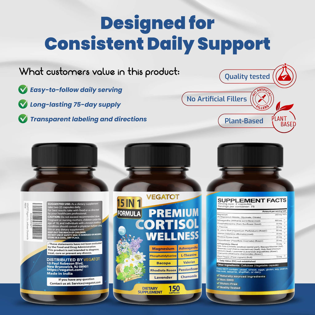 VEGATOT Organic Cortisol Wellness Complex 15-in-1 Formula with Magnesium Ashwagandha St. John's Wort Valerian Rhodiola Rosea Passionflower Chamomile VEGATOT Au supplements