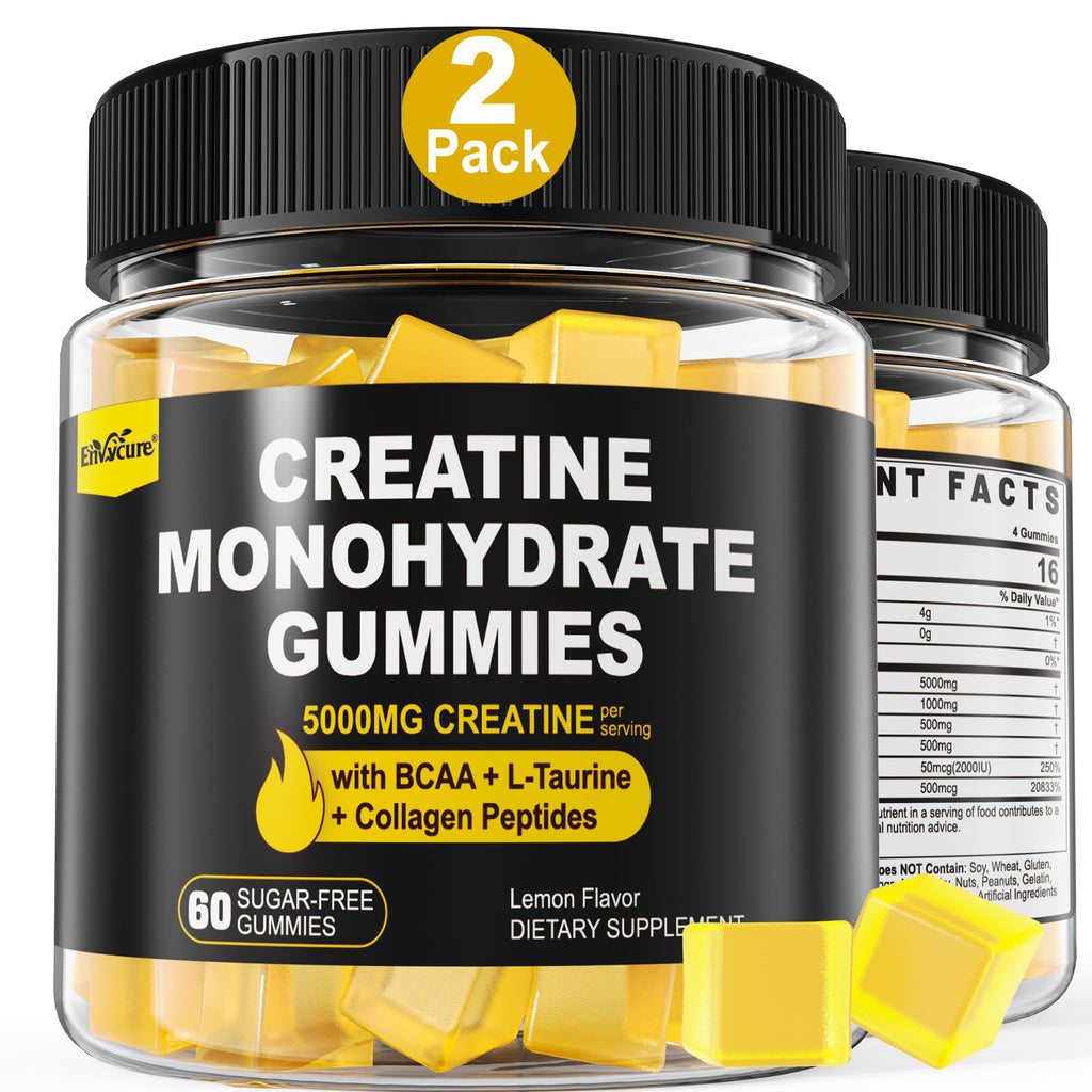 Creatine Monohydrate Gummies for Men & Women - with BCAA, Collagen Peptides, L-Taurine, Vitamin B12, D3, Chewables Creatine Monohydrate 5g Per Serving, Natural Lemon Flavor, Sugar Free, 2 Pack EnvyCure Au supplements