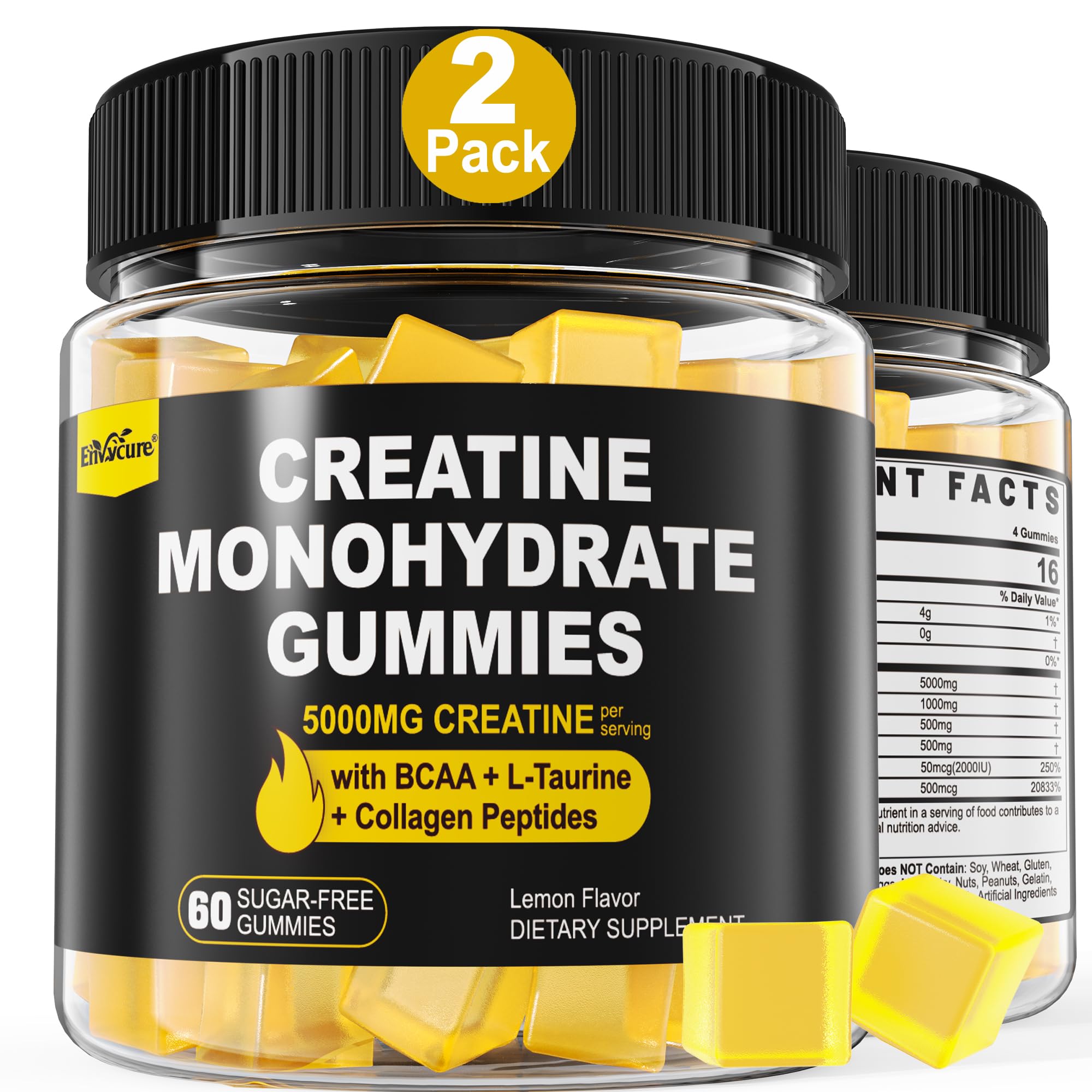 Creatine Monohydrate Gummies for Men & Women - with BCAA, Collagen Peptides, L-Taurine, Vitamin B12, D3, Chewables Creatine Monohydrate 5g Per Serving, Natural Lemon Flavor, Sugar Free, 2 Pack EnvyCure Au supplements