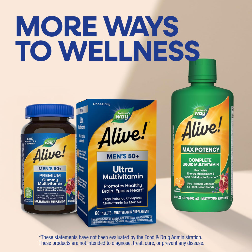 Nature's Way Alive! Men’s 50+ Daily Ultra Multivitamin, High Potency Formula, Supports Healthy Brain, Eyes & Heart*, with Methylated B12