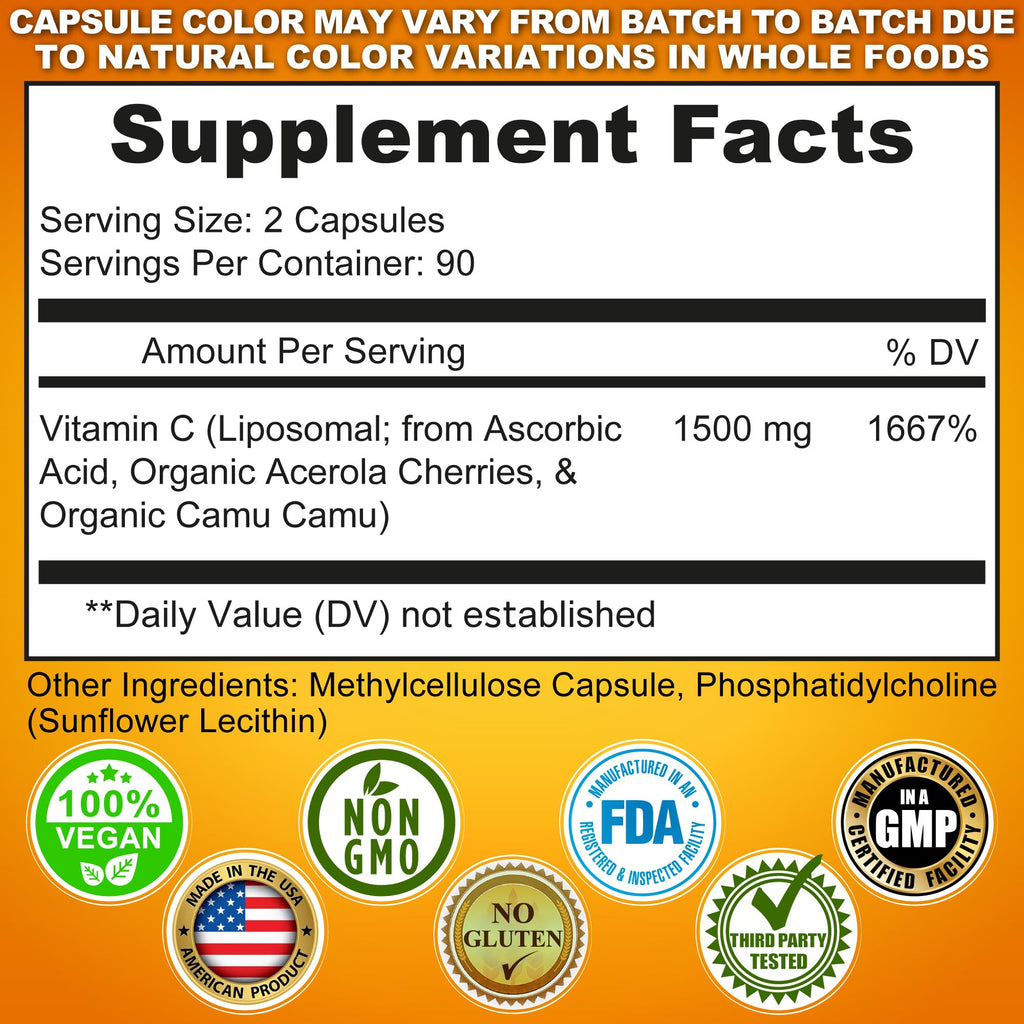 Liposomal Vitamin C Capsules - 1500mg - Made with Organic Acerola Cherries & Camu Camu, High Potency Vitamin C Liposomal - Immune Support Supplement