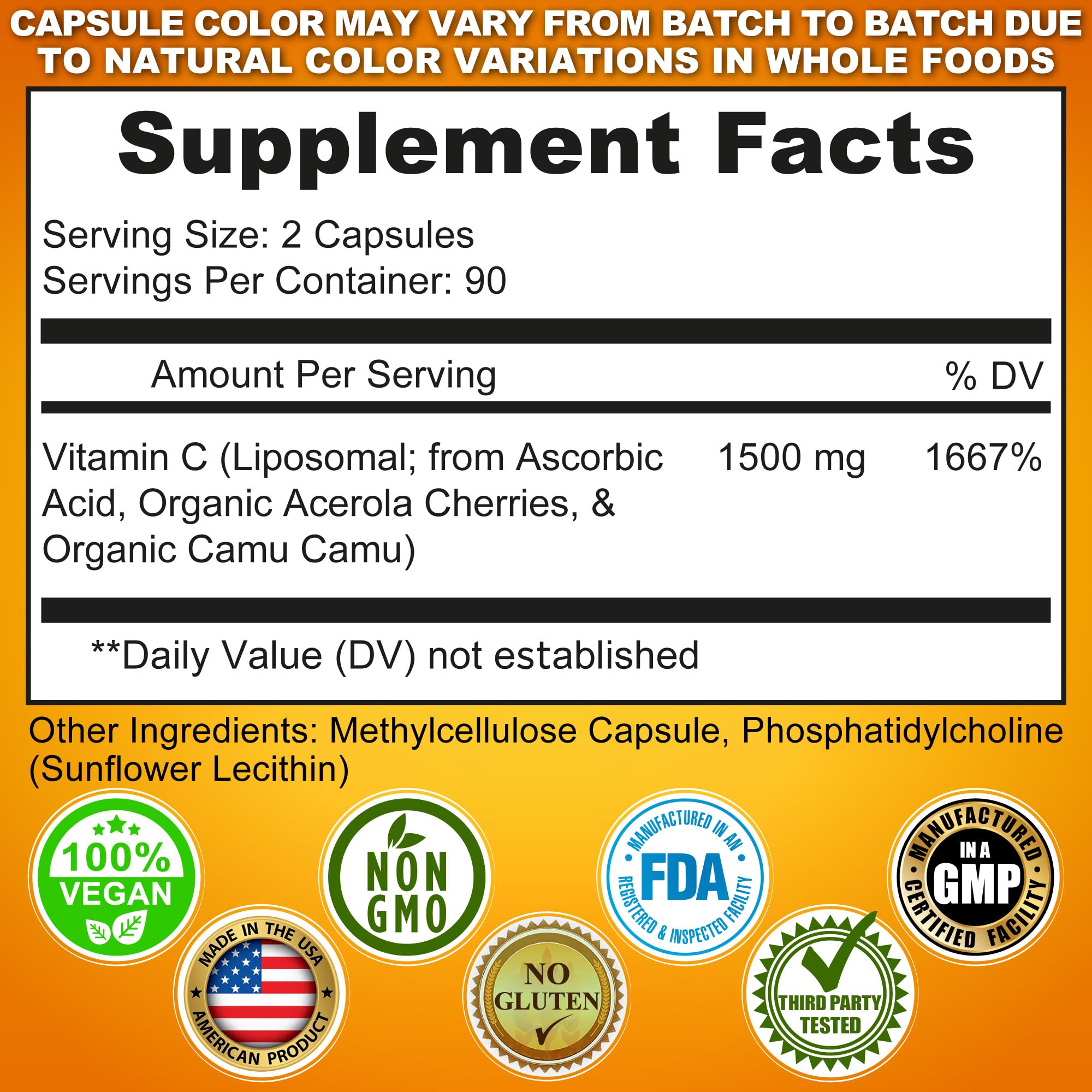 Liposomal Vitamin C Capsules - 1500mg - Made with Organic Acerola Cherries & Camu Camu, High Potency Vitamin C Liposomal - Immune Support Supplement