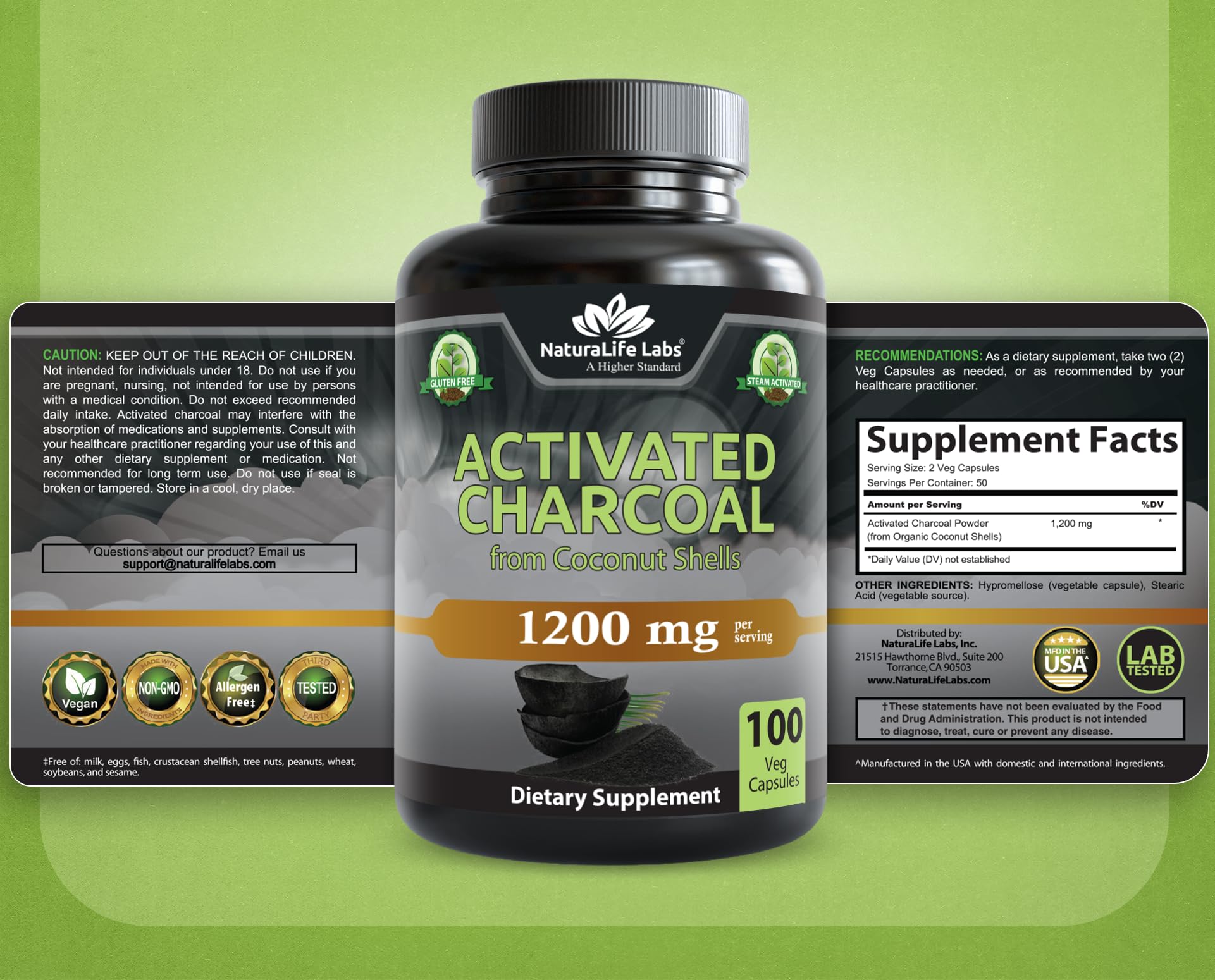 NaturaLife Labs Activated Charcoal 1200 mg per Serving – from Coconut Shells – 100 Veg Capsules – Non-GMO, Gluten-Free, Vegan