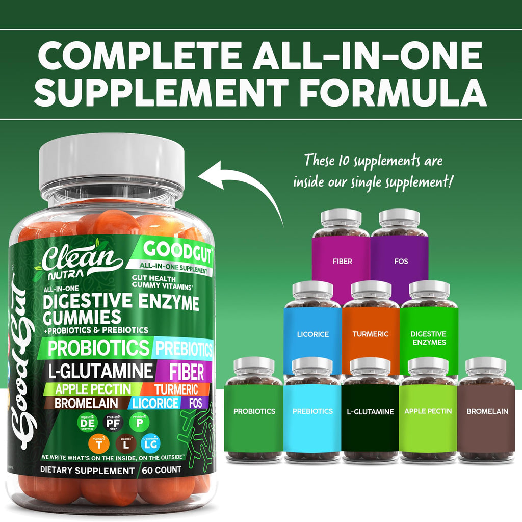 Clean Nutraceuticals Digestive Enzymes with Probiotics & Prebiotics for Digestive Health Gummies & L-Glutamine for Gut Health Bromelain Apple Pectin Inulin FOS Plant
