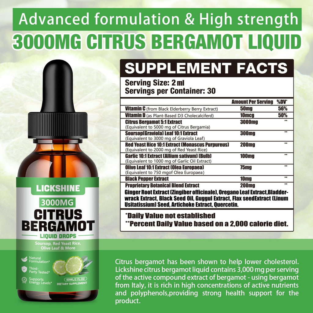 lickshine 2 Pack 3000mg Citrus Bergamot Liquid Drops - High Absorption - Cholesterol Lowering Supplement for Immune Support Anti-Aging,