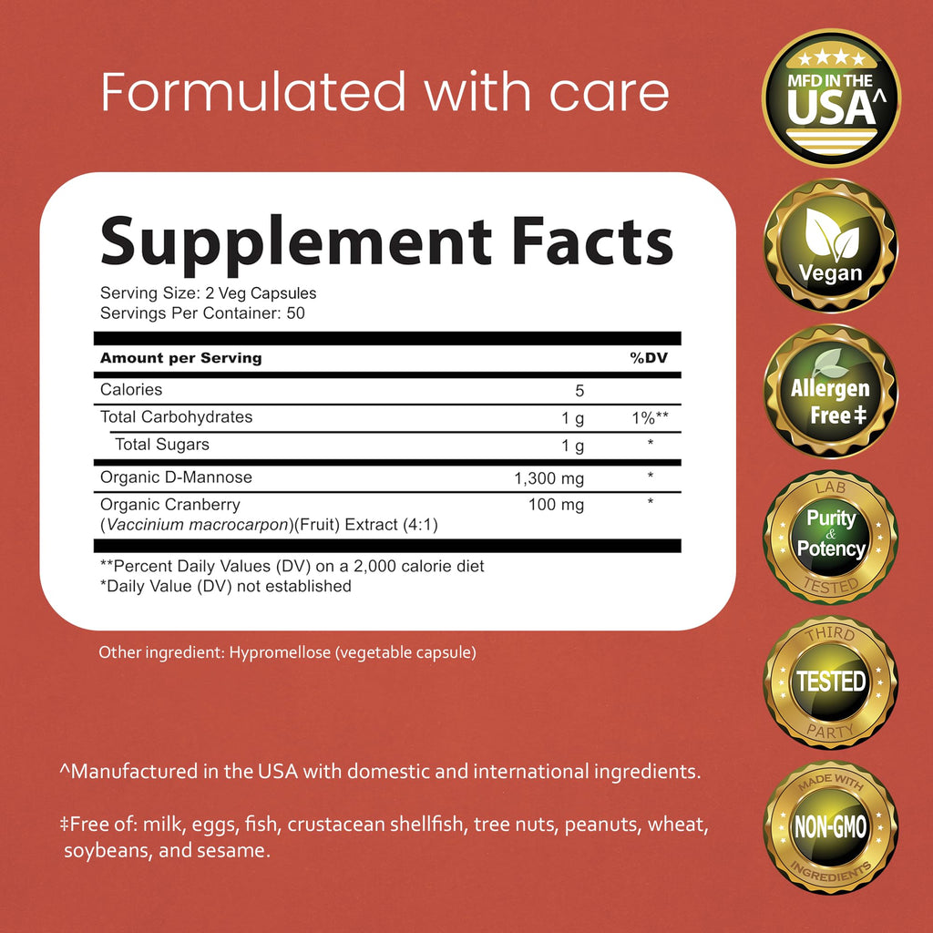 NaturaLife Labs Organic D-Mannose 1300 mg with Organic Cranberry Extract 100 mg per Serving – 100 Capsules – Non-GMO, Gluten-Free, Vegan NaturaLife Labs Au supplements