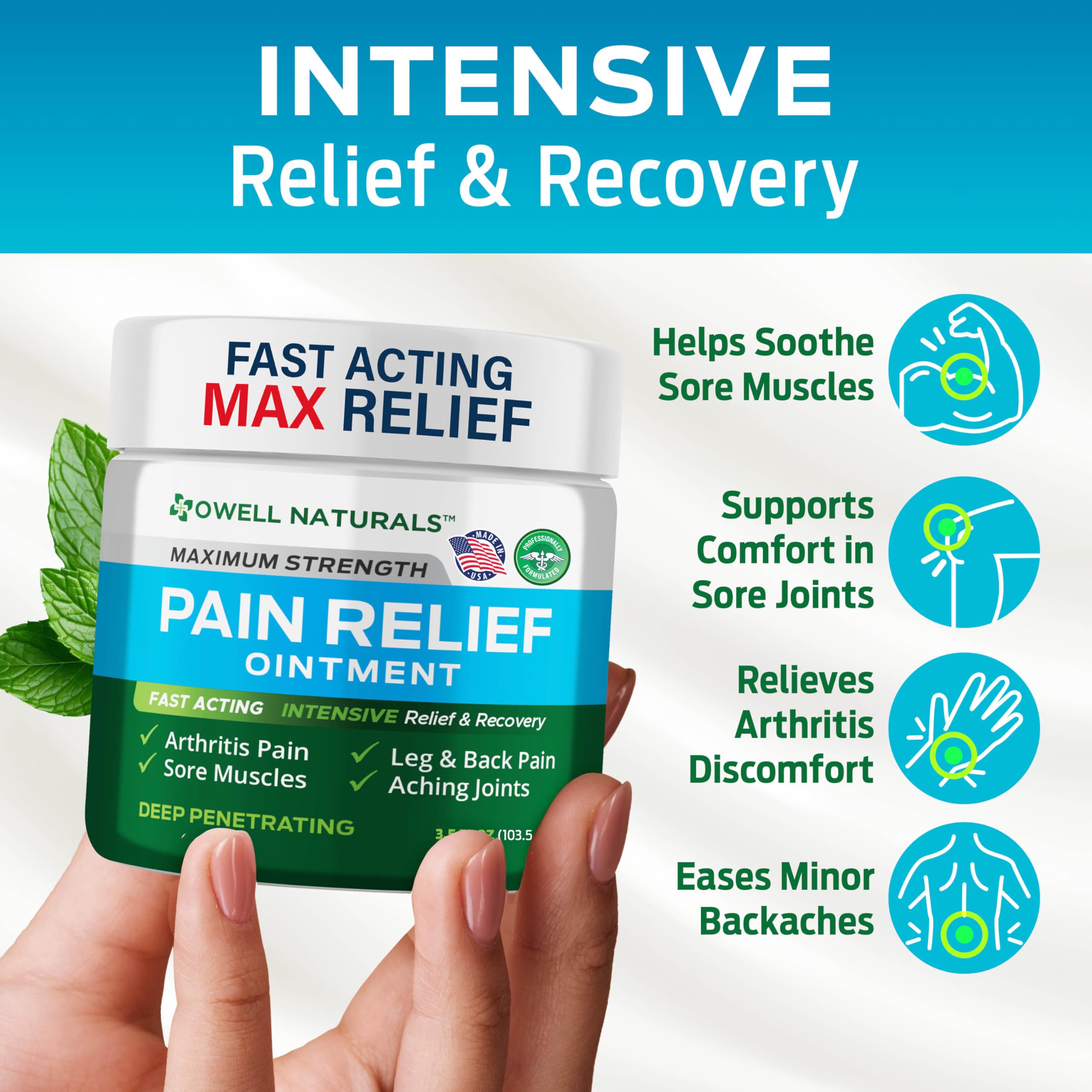 OWELL NATURALS Pain Relief Ointment Deep Penetrating Fast Acting Formula for Arthritis, Joint & Muscle Discomfort, Stiffness, Long-Lasting Soothing Balm, 3.5 oz Owell Naturals Au supplements