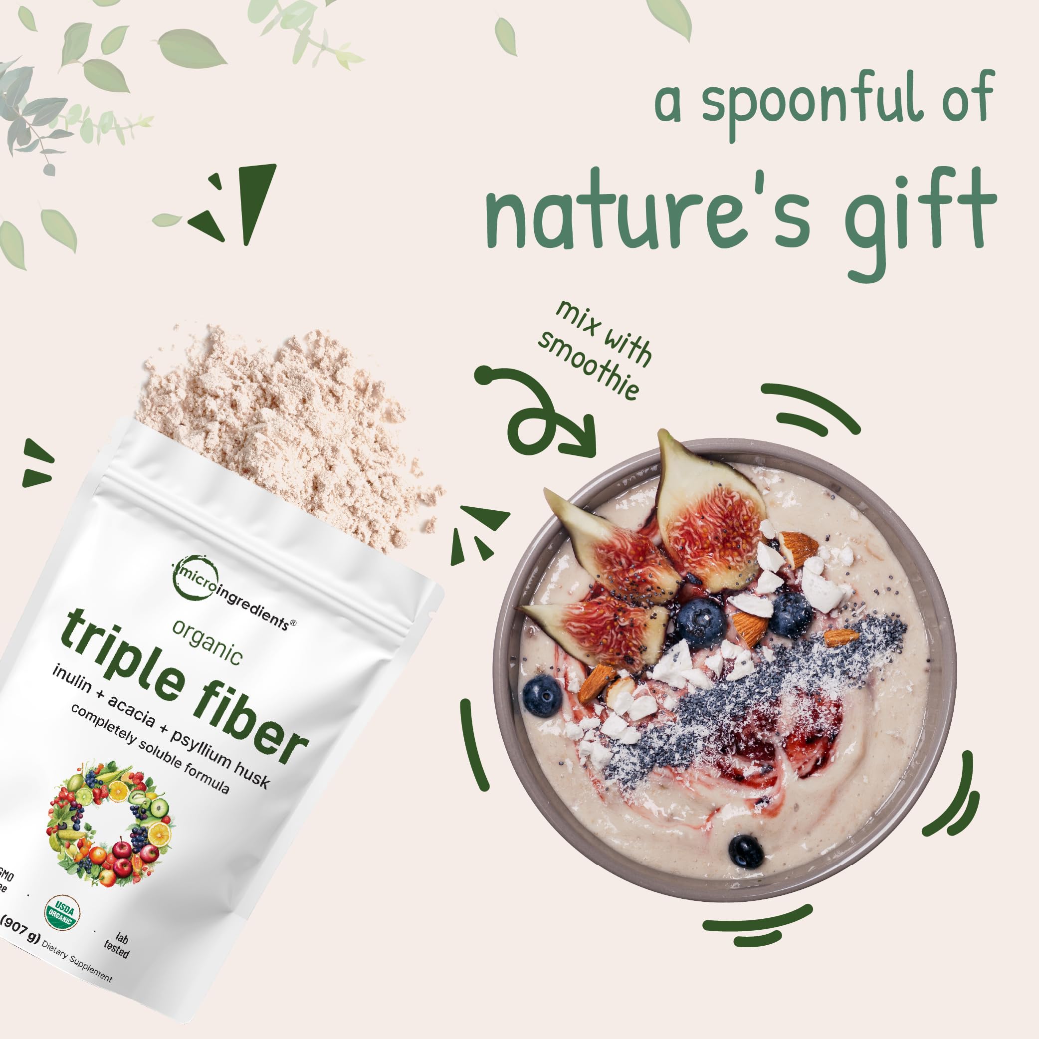 Micro Ingredients Organic Triple Fiber Powder, 2lb | Natural Prebiotic to Support Digestive & Gut Health