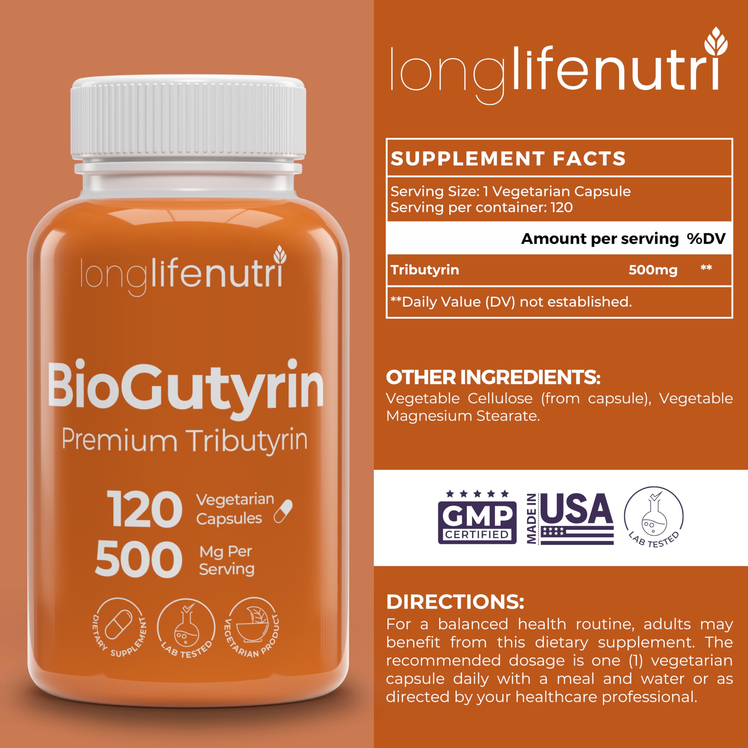 BioGutyrin – Tributyrin 500mg, Postbiotic Supplement for Gut Function & Nutrient Absorption, 120 Vegetarian Capsules, Butyric Acid for Butyrate Production, 4-Month Supply, GMP Certified, Made in USA LongLifeNutri Au supplements