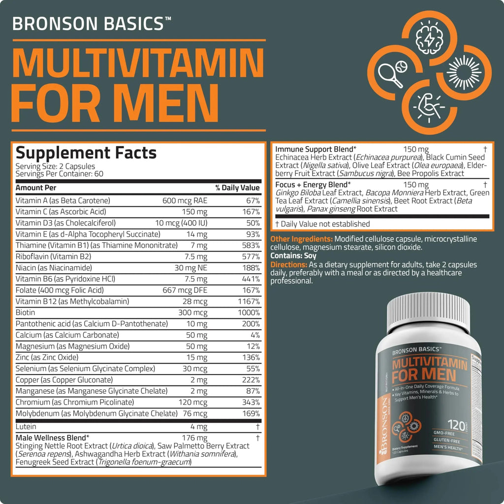 Bronson Multivitamin for Men All-in-One Daily Coverage Formula Key Vitamins, Minerals & Herbs to Support Men's Health, 120 Capsules Bronson Au supplements
