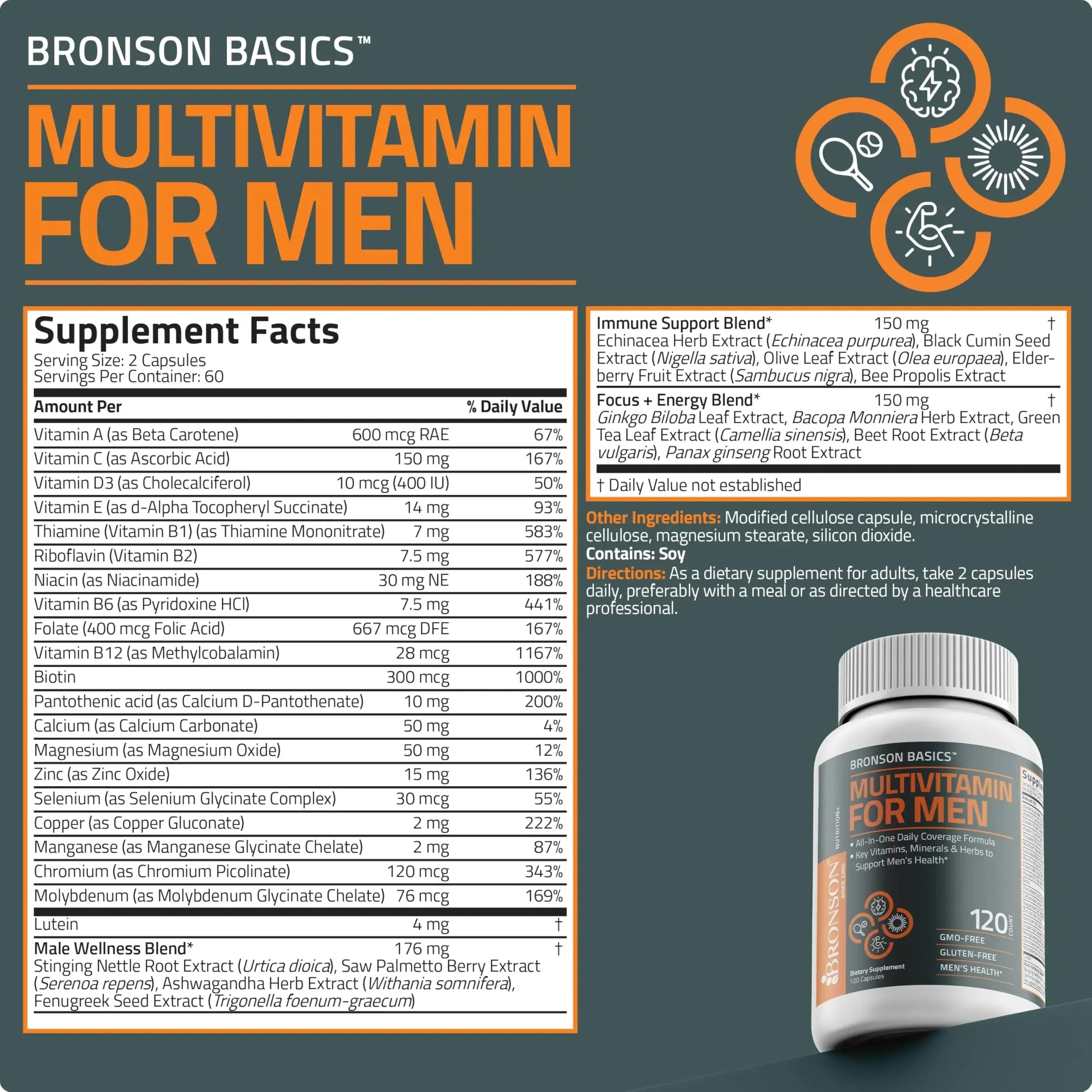Bronson Multivitamin for Men All-in-One Daily Coverage Formula Key Vitamins, Minerals & Herbs to Support Men's Health, 120 Capsules Bronson Au supplements
