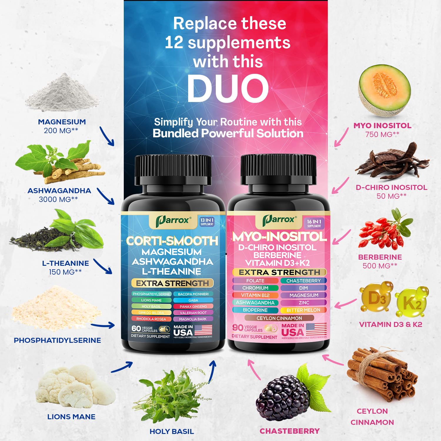 Parrox Cortisol & Myo-Inositol Supplement Bundle, Soothe & Smooth Bundle, 13-in-1 Cortisol Balance, Magnesium, Ashwagandha, L-Theanine, D-Chiro Inositol, Folate, Berberine, Chasteberry (150 Capsules) Parrox Au supplements