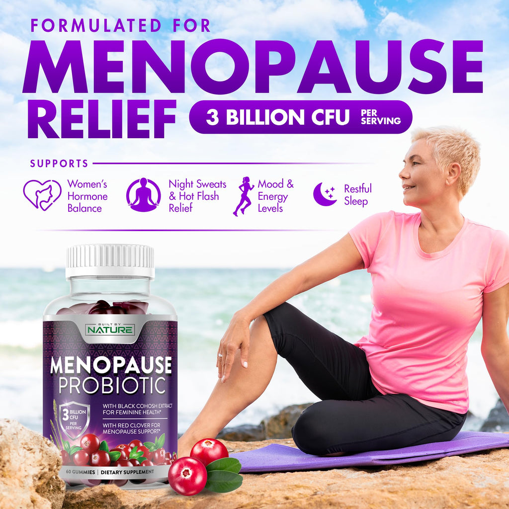Menopause Supplements for Women - Menopause Probiotic Gummy - Women’s Menopause Relief for Hot Flashes, Night Sweats & Mood Swings with Black Cohosh & Cranberry - Non-GMO, Vegan - 60 Gummies Built by Nature Au supplements