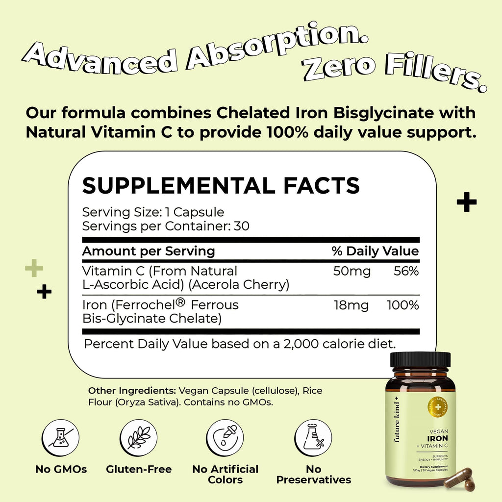 Future Kind Iron Supplement for Women and Men, Daily Energy & Focus, Chelated Iron Bisglycinate, 18mg 100% DV with Vitamin C for Absorption - Gentle on Stomach, Non-GMO Vegan Capsules, 30 Day Supply Future Kind Au supplements