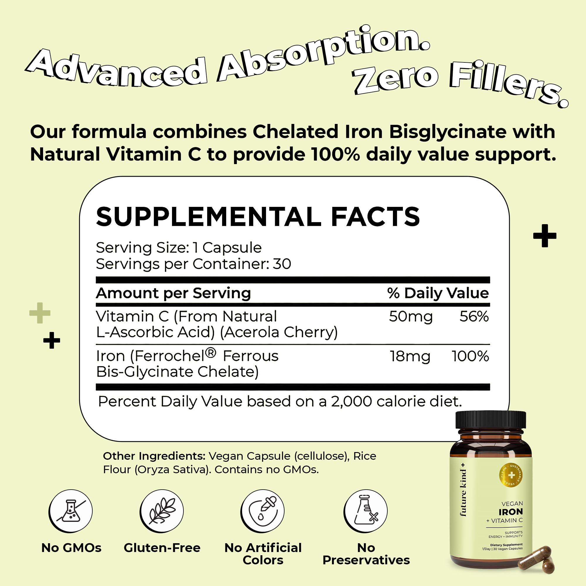 Future Kind Iron Supplement for Women and Men, Daily Energy & Focus, Chelated Iron Bisglycinate, 18mg 100% DV with Vitamin C for Absorption - Gentle on Stomach, Non-GMO Vegan Capsules, 30 Day Supply Future Kind Au supplements