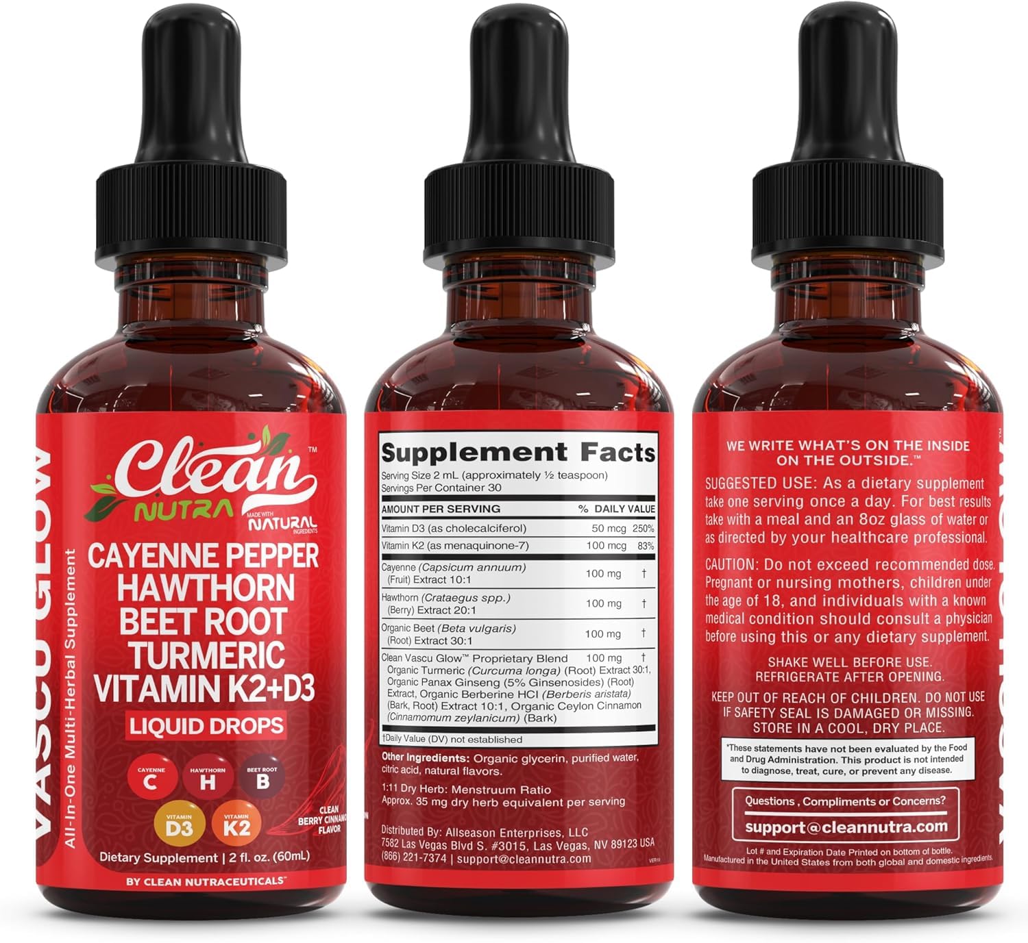 Clean Nutra Cayenne Pepper Drops Supplement Liquid + Hawthorn Berry, Vitamin D3 K2 Beet Root Powder, Ceylon Cinnamon, Turmeric Curcumin, Organic Panax Ginseng, Berberine Extract 1 Pack Clean Nutraceuticals Au supplements