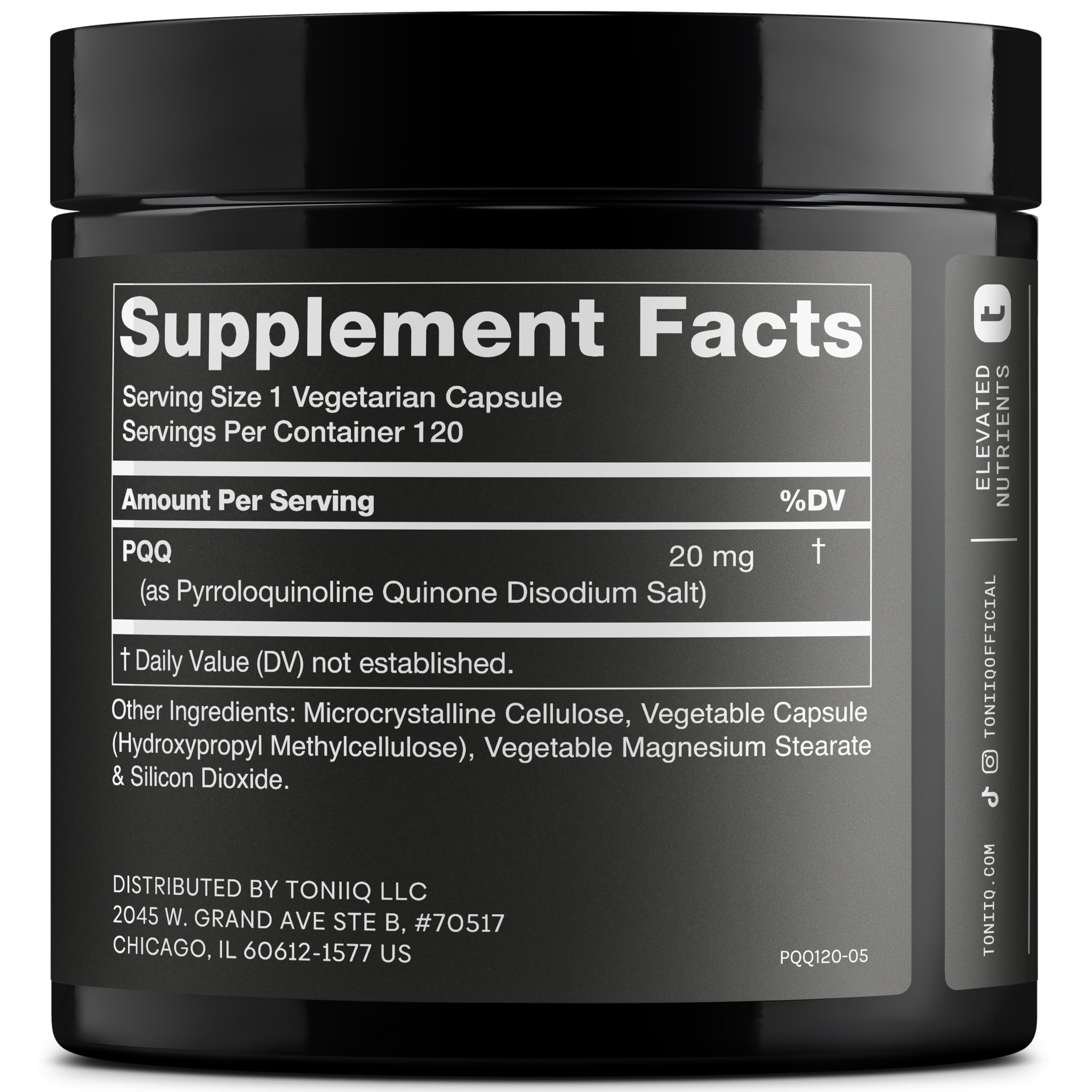 Toniiq 99%+ 20mg Supplement - Ultra High Purity PQQ 20mg Concentrated Formula - PQQ 20 mg 120 Capsules - Pyrroloquinoline Quinone Supplement - 1 Capsule Serving - Vegetarian Capsules Toniiq Au supplements