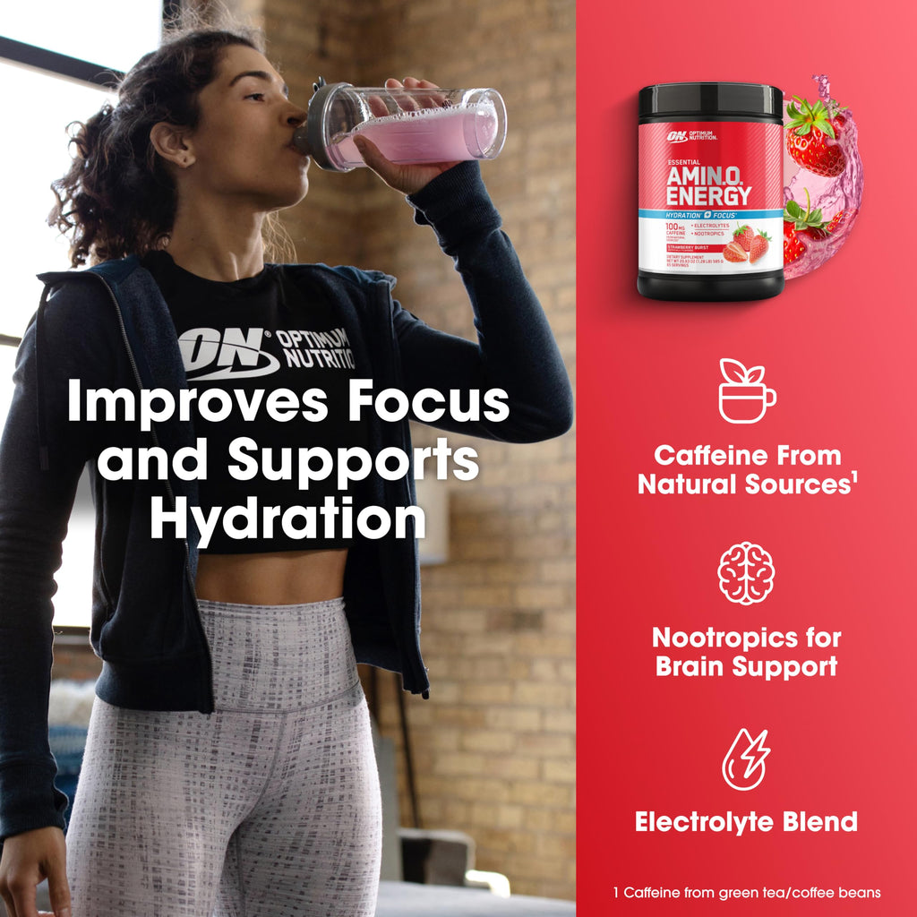 Optimum Nutrition Amino Energy Powder Plus Focus, with BCAA, Electrolytes, and Caffeine, Strawberry Burst, 65 Servings Optimum Nutrition Au supplements