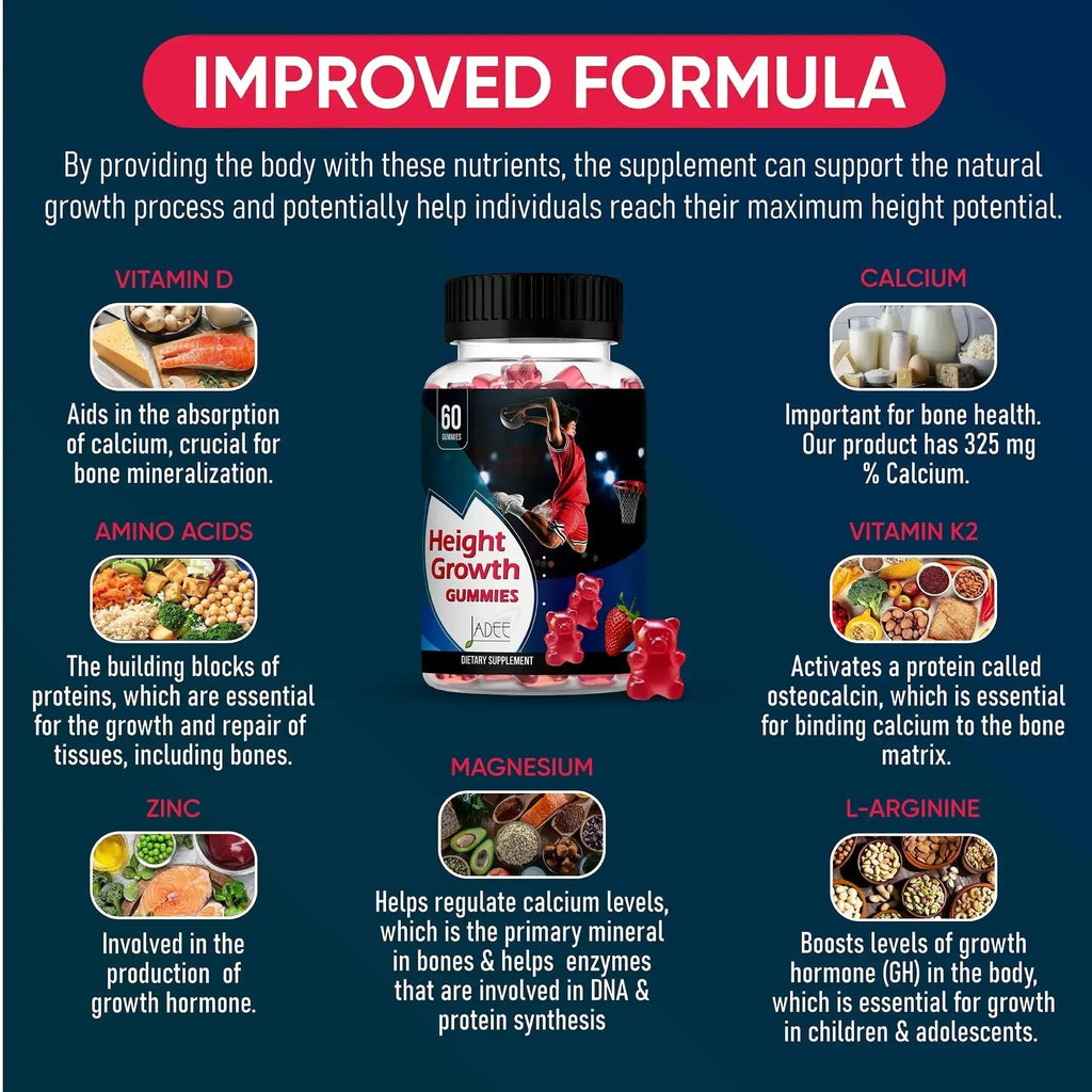 Jadee Height Growth Gummies for Teens & Kids Calcium 325mg, Teen Vitamins D3,K2,C, Magnesium, Ashwagandha, Zinc, L-Arginine Jadee Au supplements