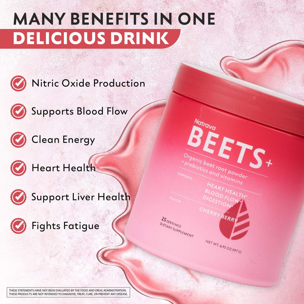 Natrava Beets+ Organic Beet Root Powder Blend Fortified with Vitamins & Prebiotics for Heart Healthy Energy & Nitric Oxide Production