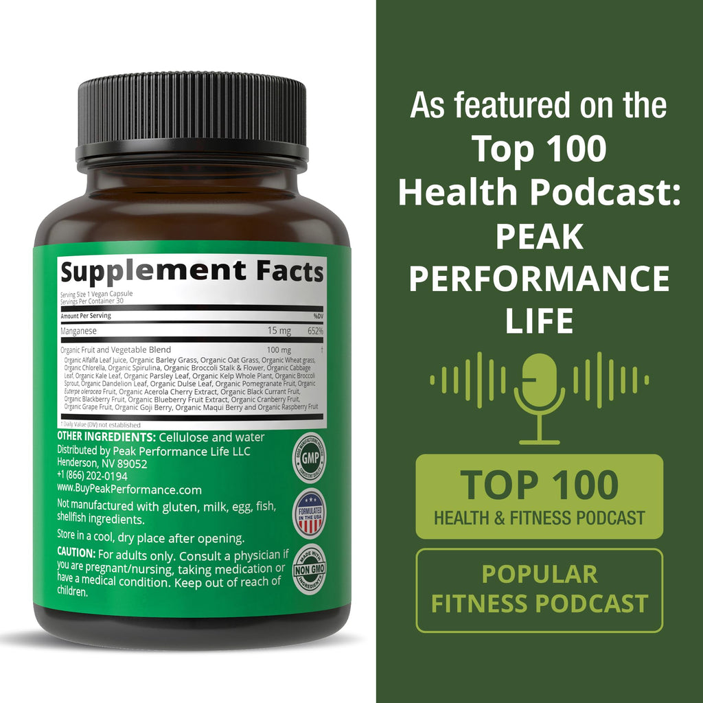 Manganese Supplement Food Like Mineral Chelated for Superior Absorption with Whole Food Blend of 25+ Fruits & Vegetables. Pure Trace Mineral Capsules for Connective Tissue, Bone Health, Enzyme Support Peak Performance Au supplements