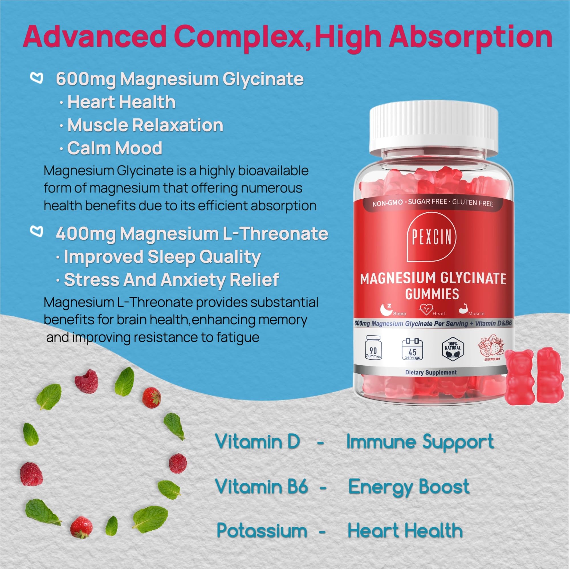Magnesium Glycinate Gummies for Adults & Kids, 1000mg High Absorption Magnesium Complex Supplement, Sugar Free with Potassium,Vitamins for Calm, Sleep Supprt
