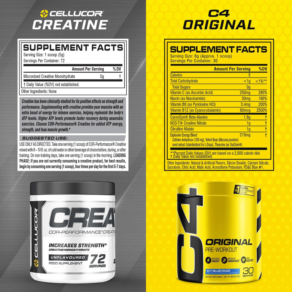Cellucor Pre Workout & Creatine Bundle, C4 Original Pre Workout Powder, Icy Blue Razz Cellucor Au supplements