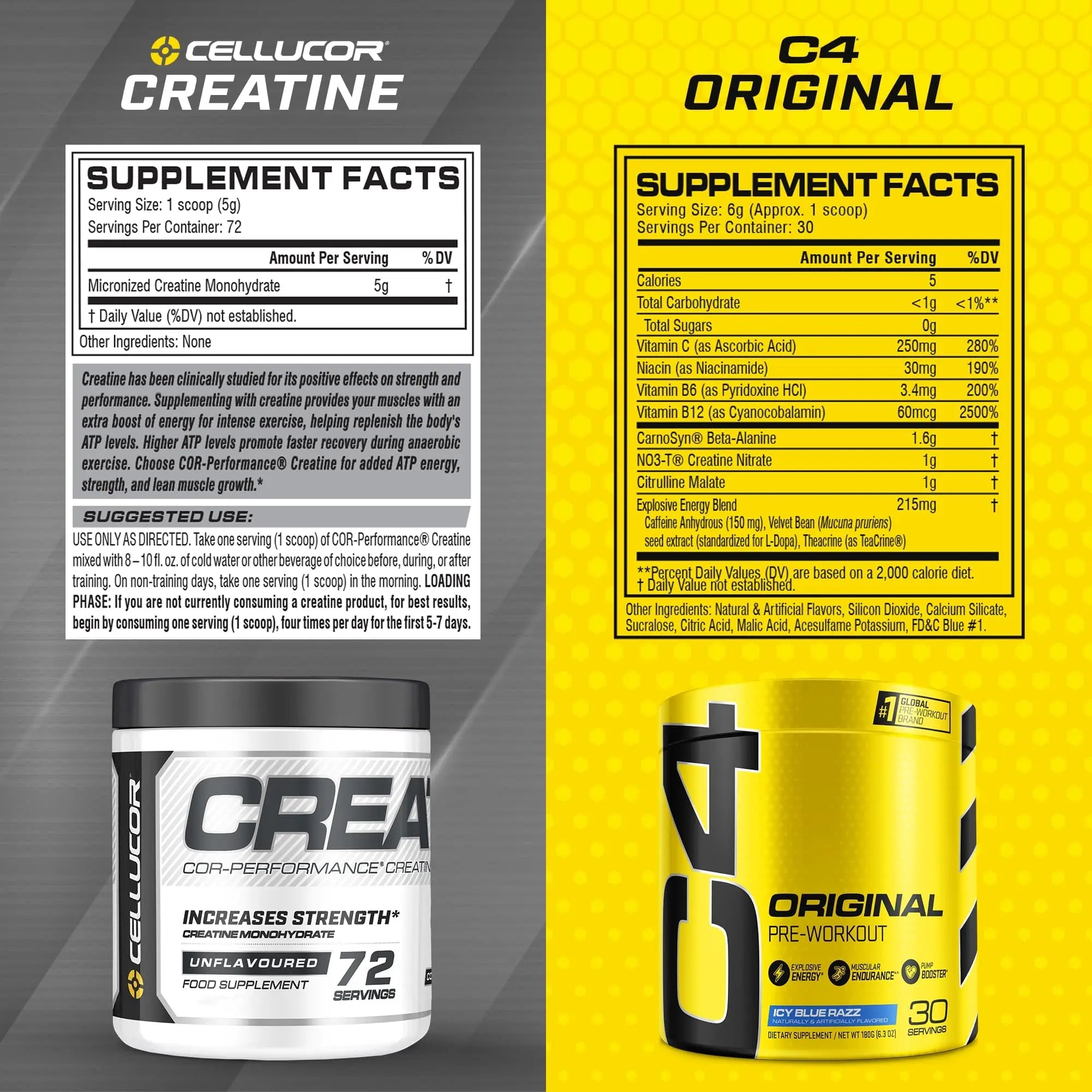 Cellucor Pre Workout & Creatine Bundle, C4 Original Pre Workout Powder, Icy Blue Razz Cellucor Au supplements