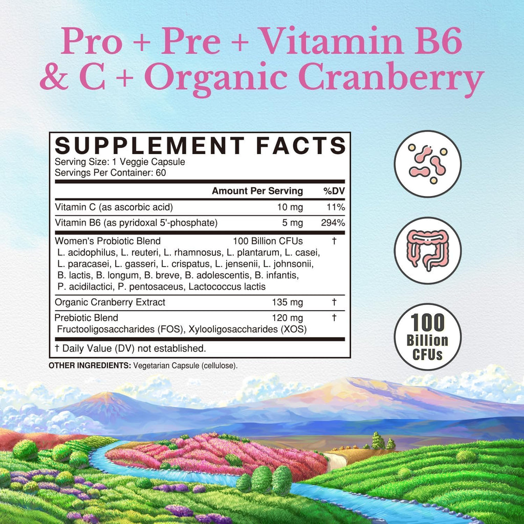 Vitalitown Women's Probiotics | 100 Billion CFUs 18 Strains | Prebiotics, VC & B6, Cranberry | Shelf Stable | Vaginal, Urinary