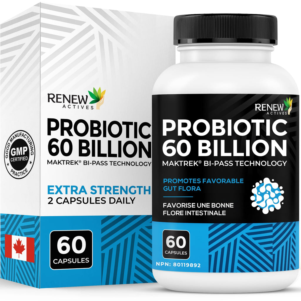 Renew Actives Probiotic Supplement for Digestive Health 60 Billion CFU per 2 Capsules - Advanced Formula with Prebiotic Benefits - Supports Gut Flora Balance & Wellness - Made in Canada - 60 Capsules Renew Actives Au supplements