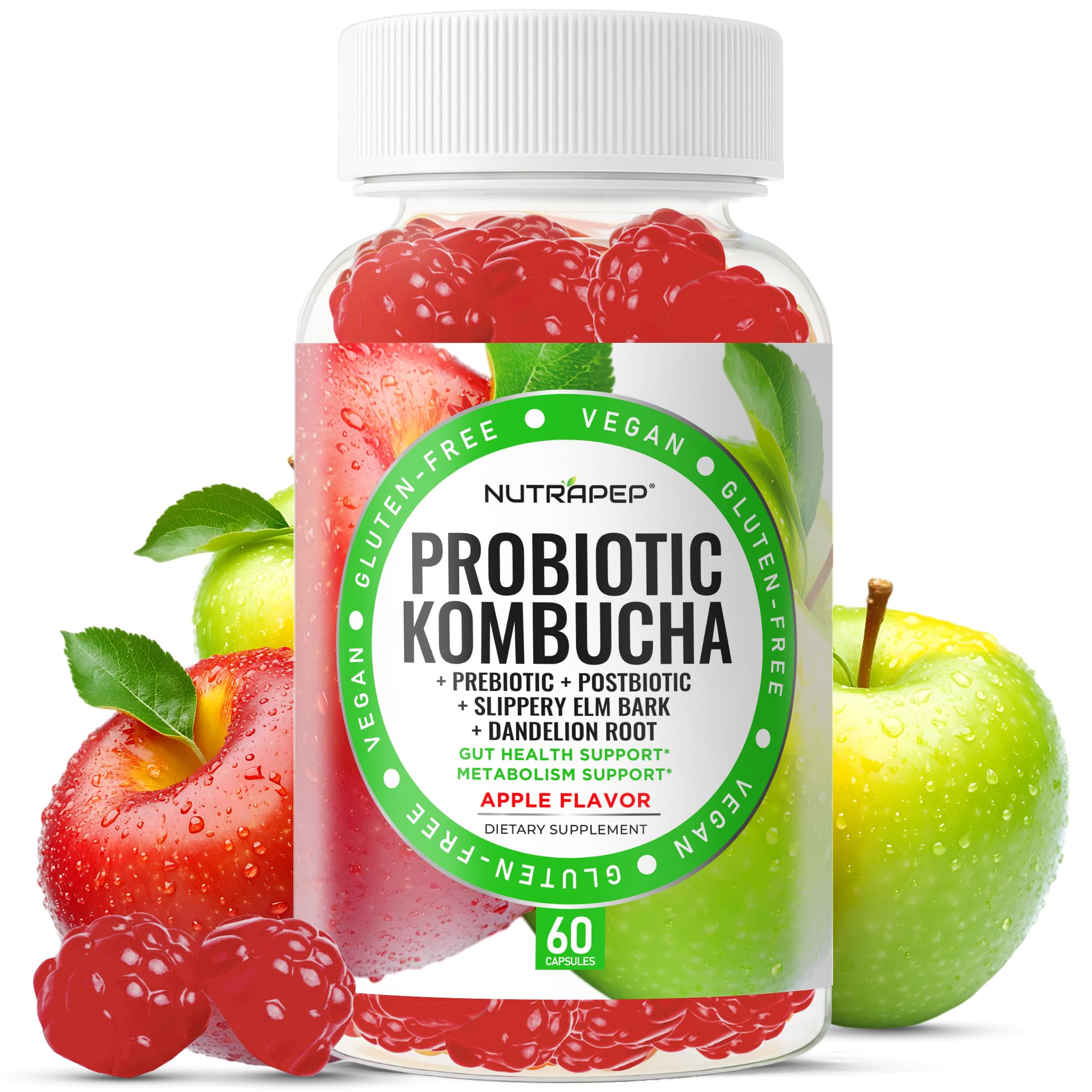 NutraPep Probiotic Kombucha Gummies - Women Men Probiotic Prebiotic Probiotic Blend for Gut Health Bloating Metabolism Support with Slippery Elm Bark Dandelion Root - Vegan Gluten Free Apple Flavor NutraPep Au supplements